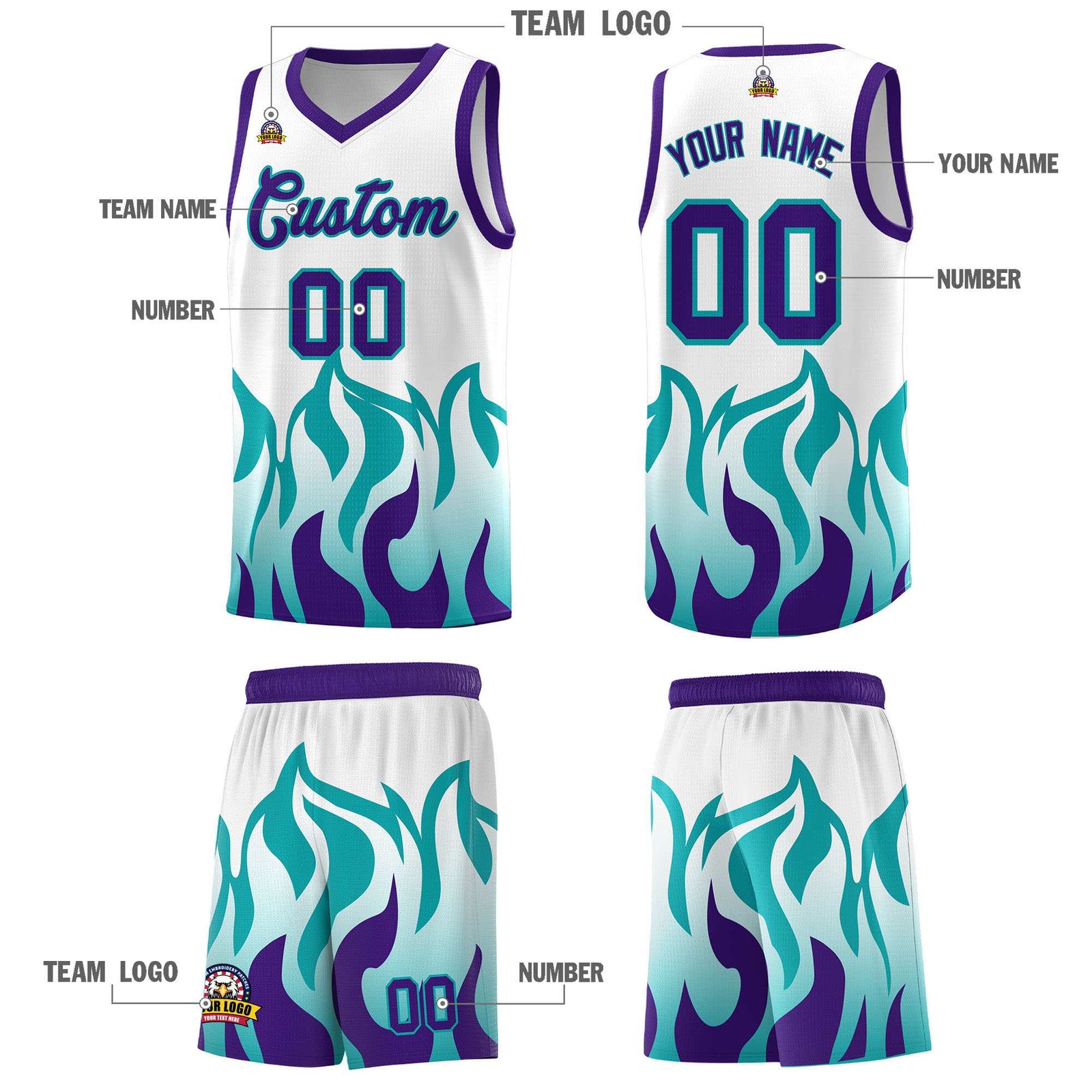 Custom White Aqua Hem Flame Pattern Fashion Sports Uniform Basketball jersey