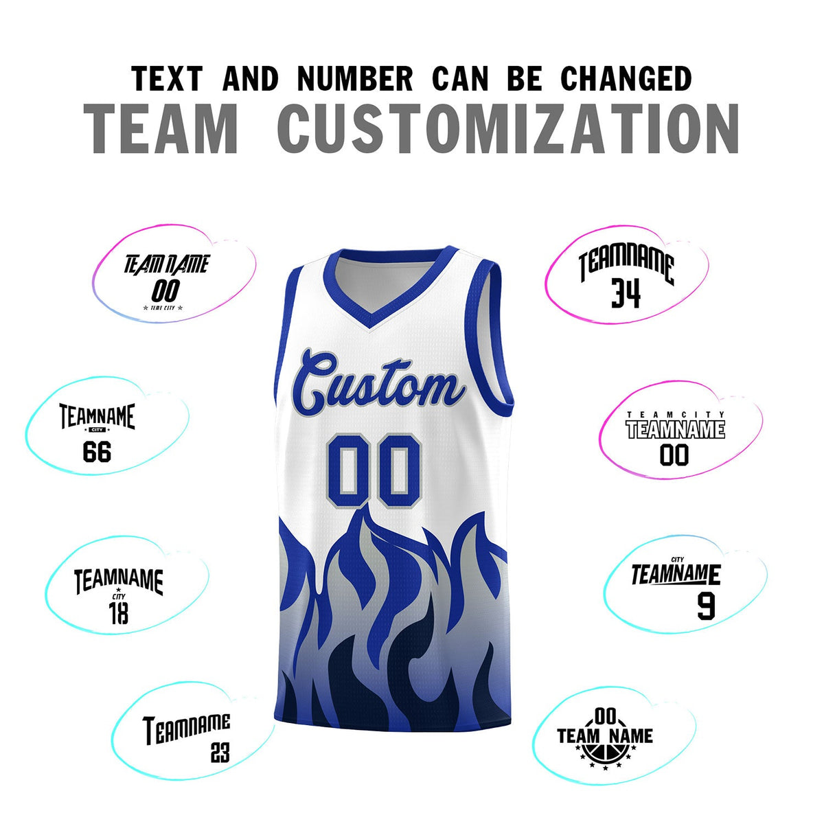 Custom White Royal Hem Flame Pattern Fashion Sports Uniform Basketball jersey