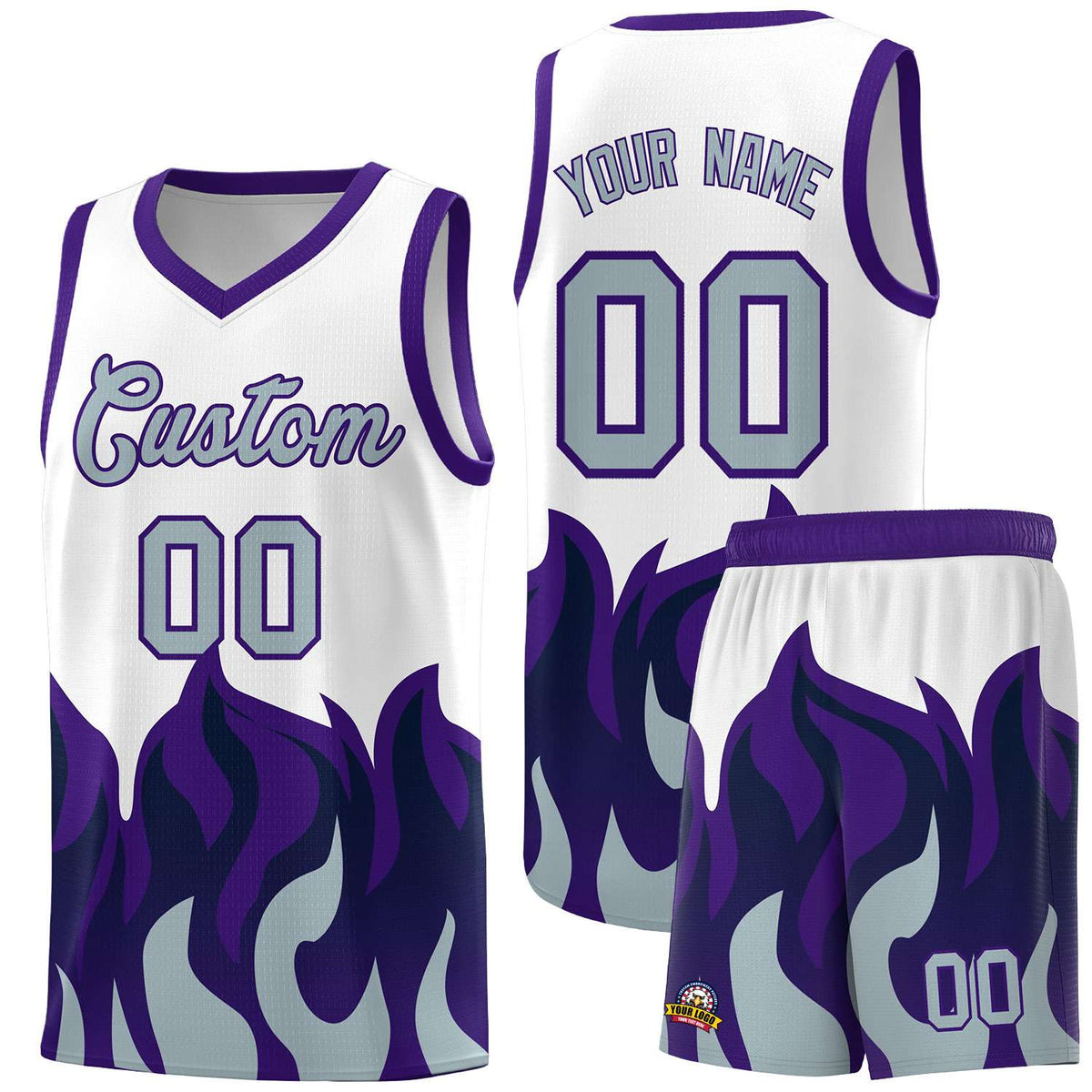 Custom White Purple Hem Flame Pattern Fashion Sports Uniform Basketball jersey