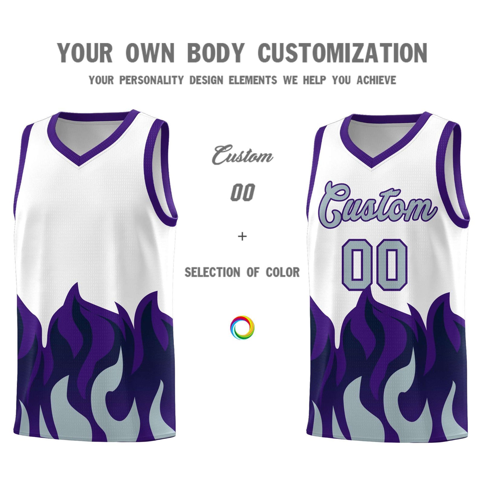 Custom White Purple Hem Flame Pattern Fashion Sports Uniform Basketball jersey