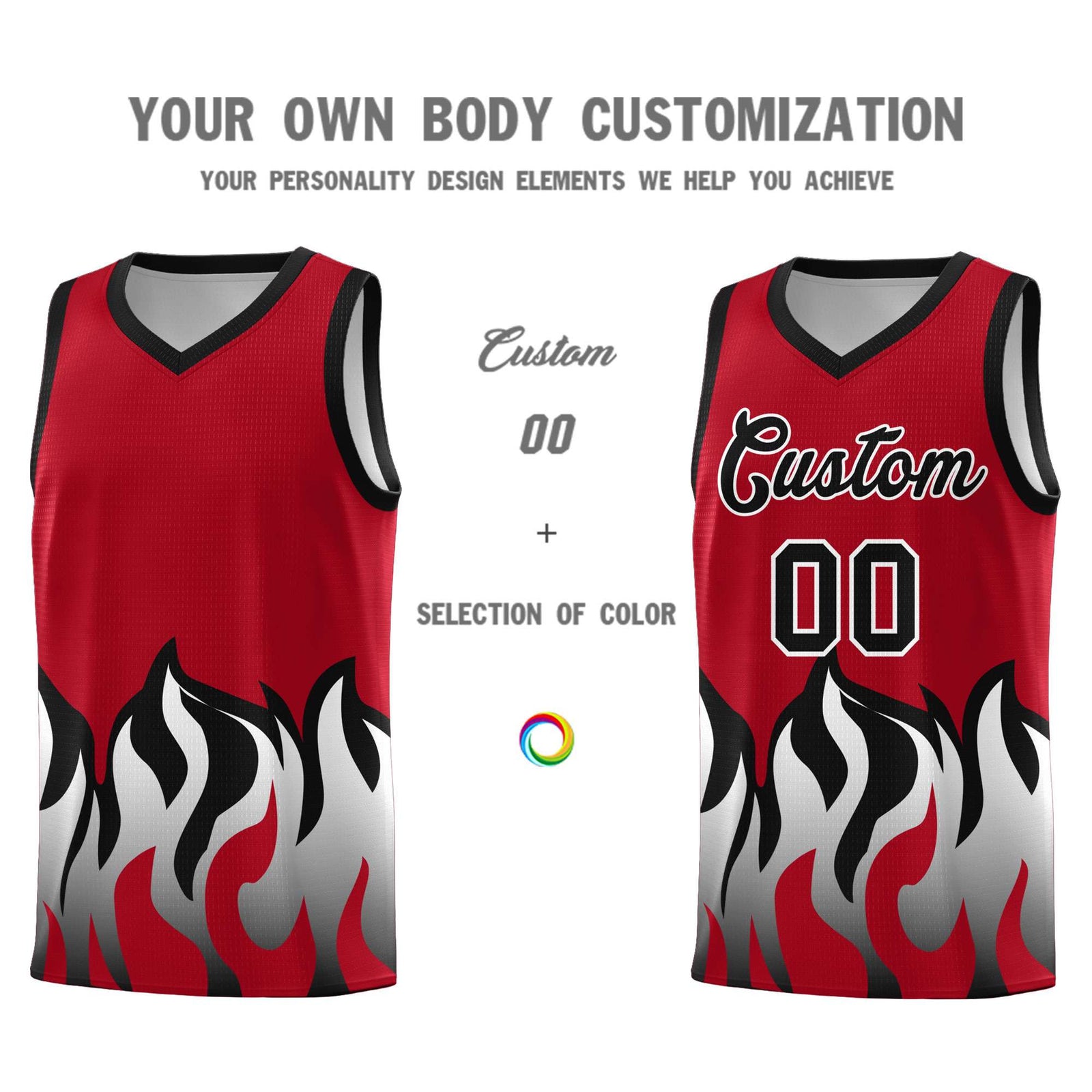 Custom Red Black Hem Flame Pattern Fashion Sports Uniform Basketball jersey