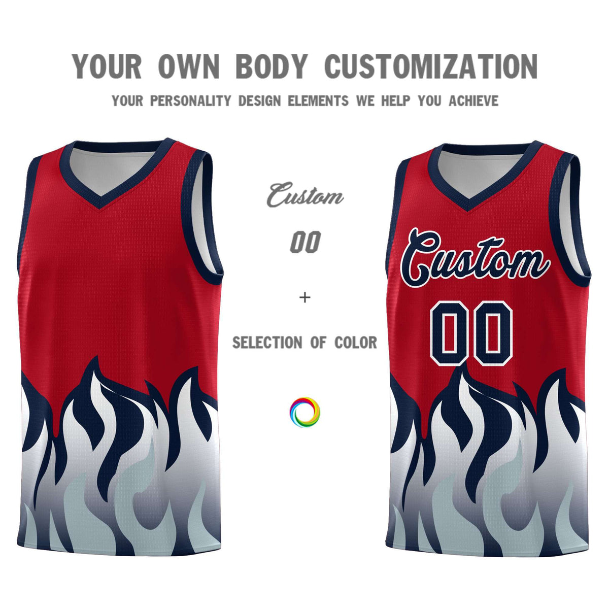 Custom Red Navy Hem Flame Pattern Fashion Sports Uniform Basketball jersey