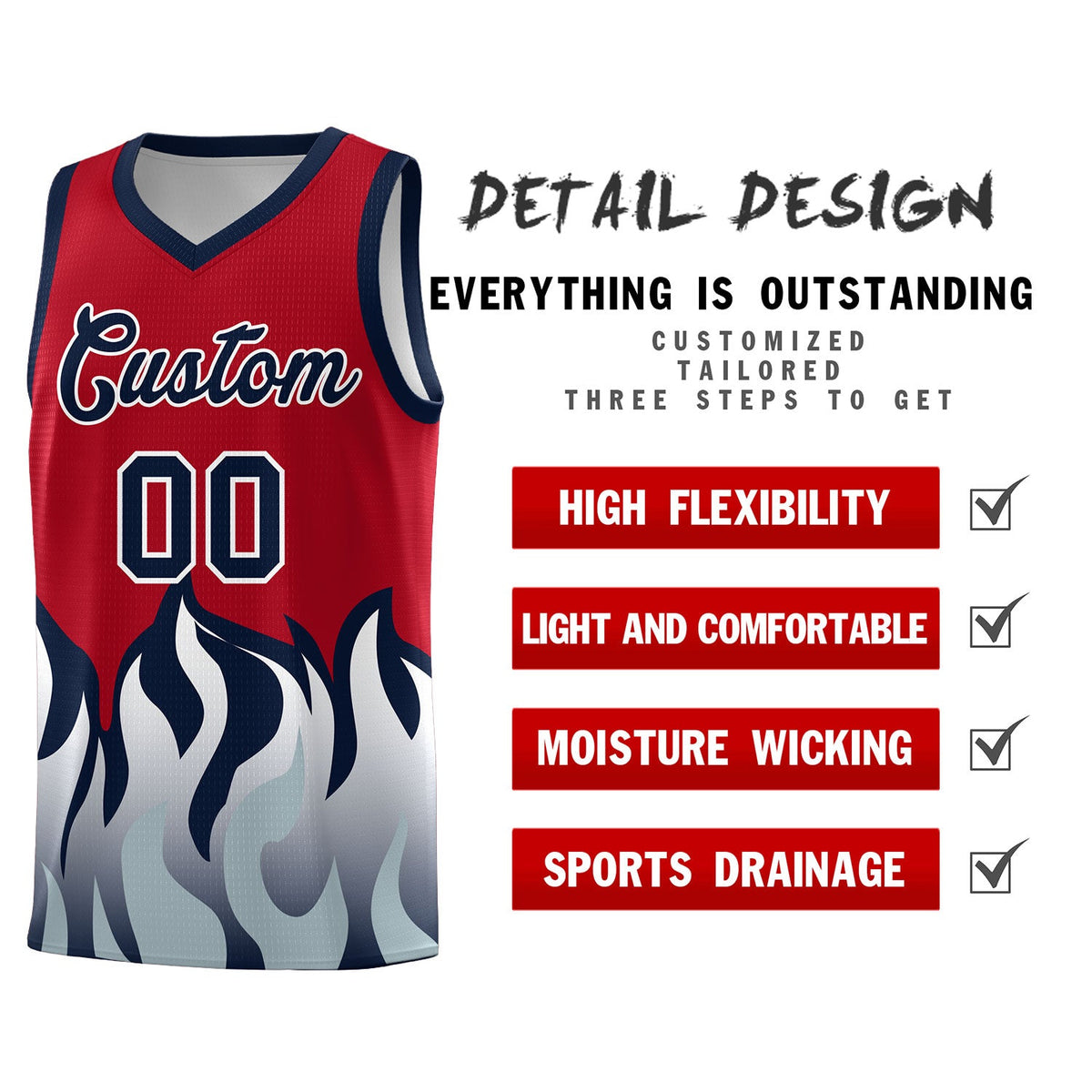 Custom Red Navy Hem Flame Pattern Fashion Sports Uniform Basketball jersey