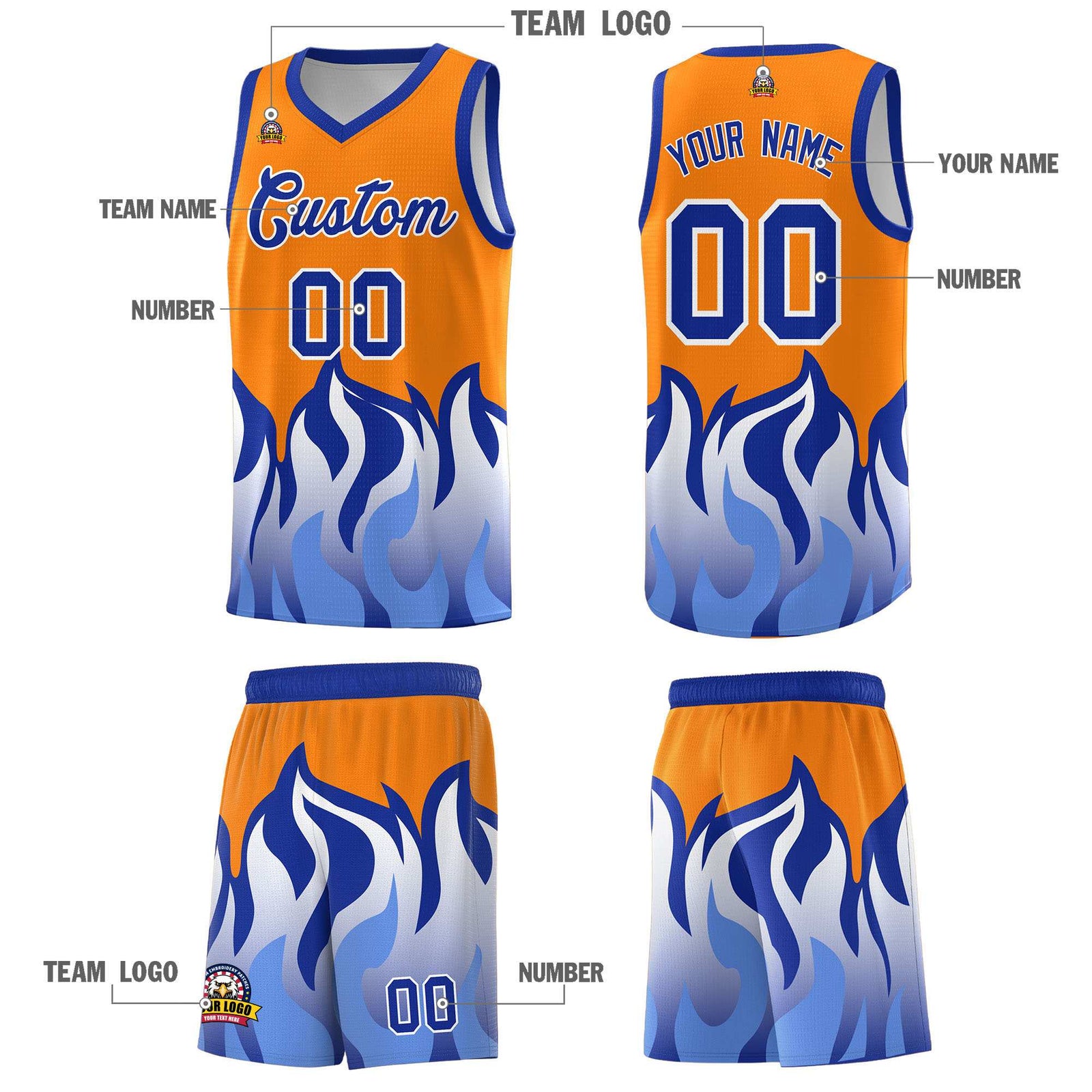 Custom Orange Royal Hem Flame Pattern Fashion Sports Uniform Basketball jersey