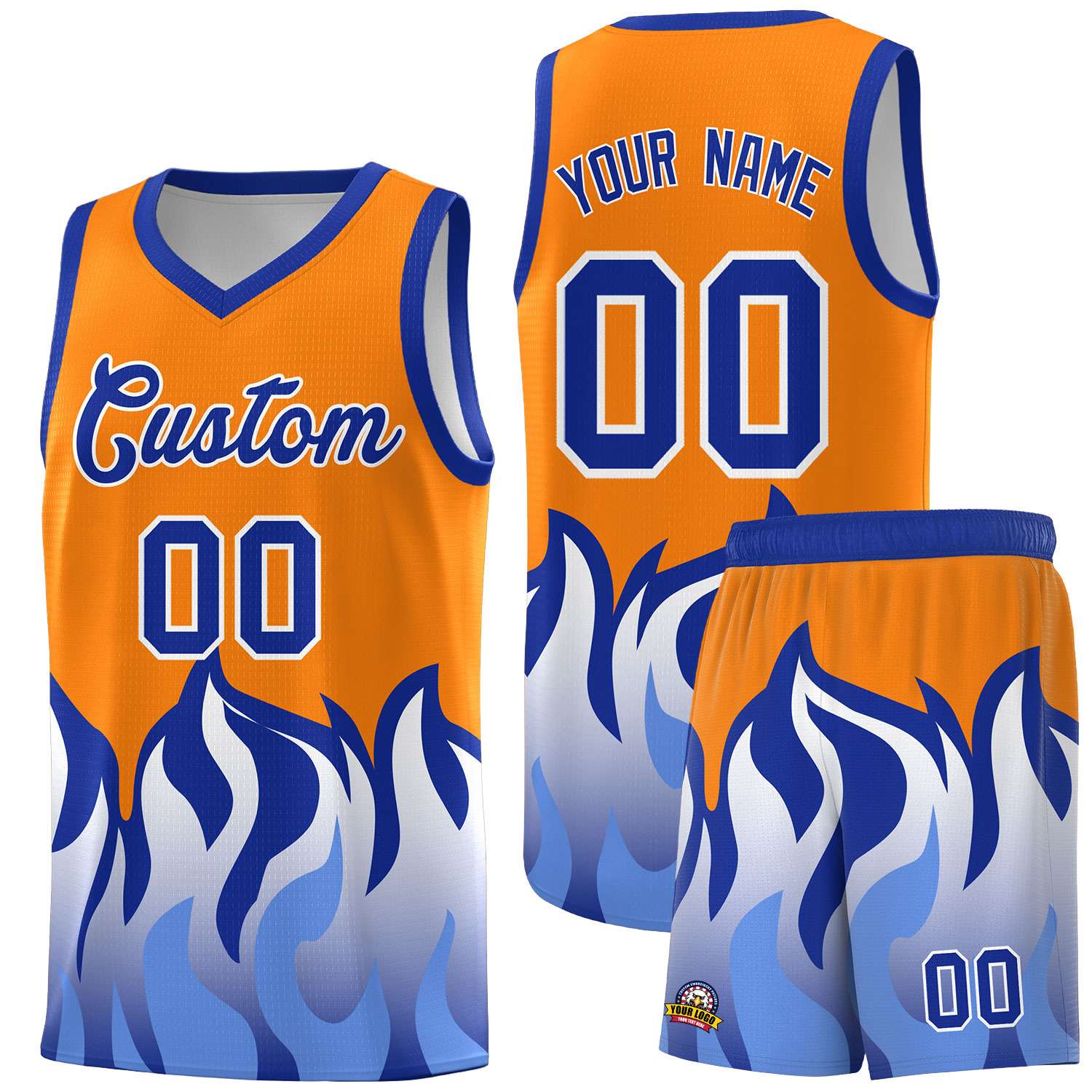 Custom Orange Royal Hem Flame Pattern Fashion Sports Uniform Basketball jersey