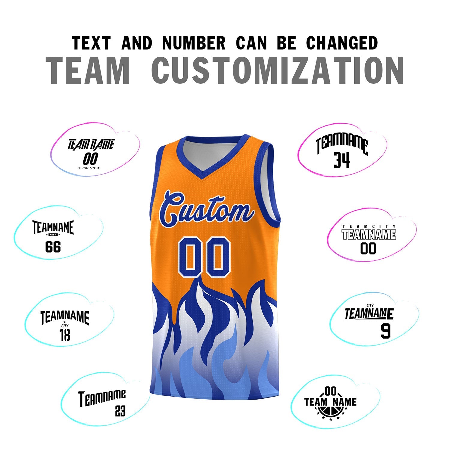 Custom Orange Royal Hem Flame Pattern Fashion Sports Uniform Basketball jersey