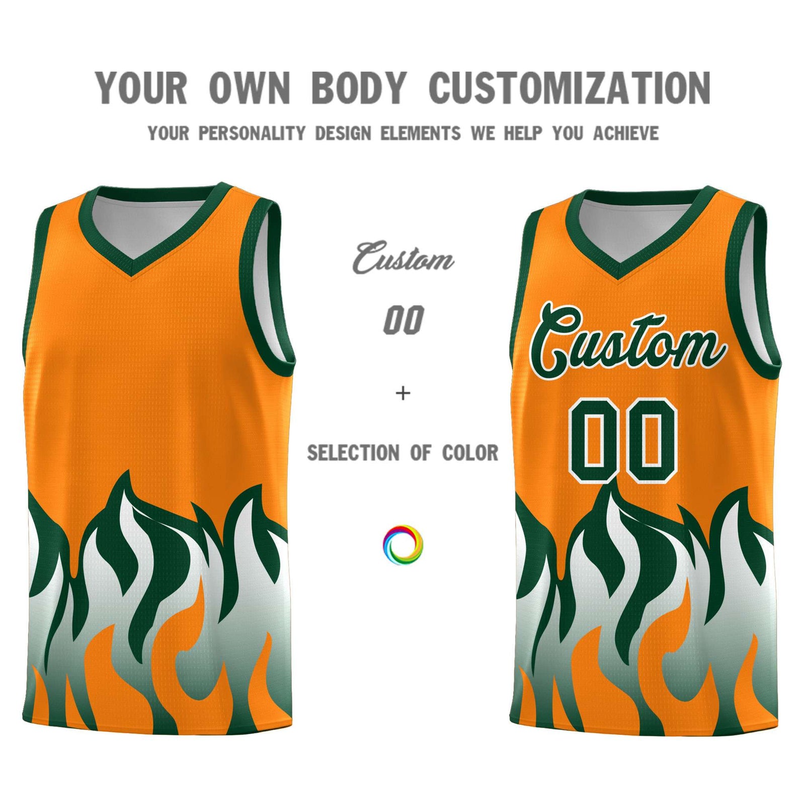 Custom Orange Hunter Green Hem Flame Pattern Fashion Sports Uniform Basketball jersey