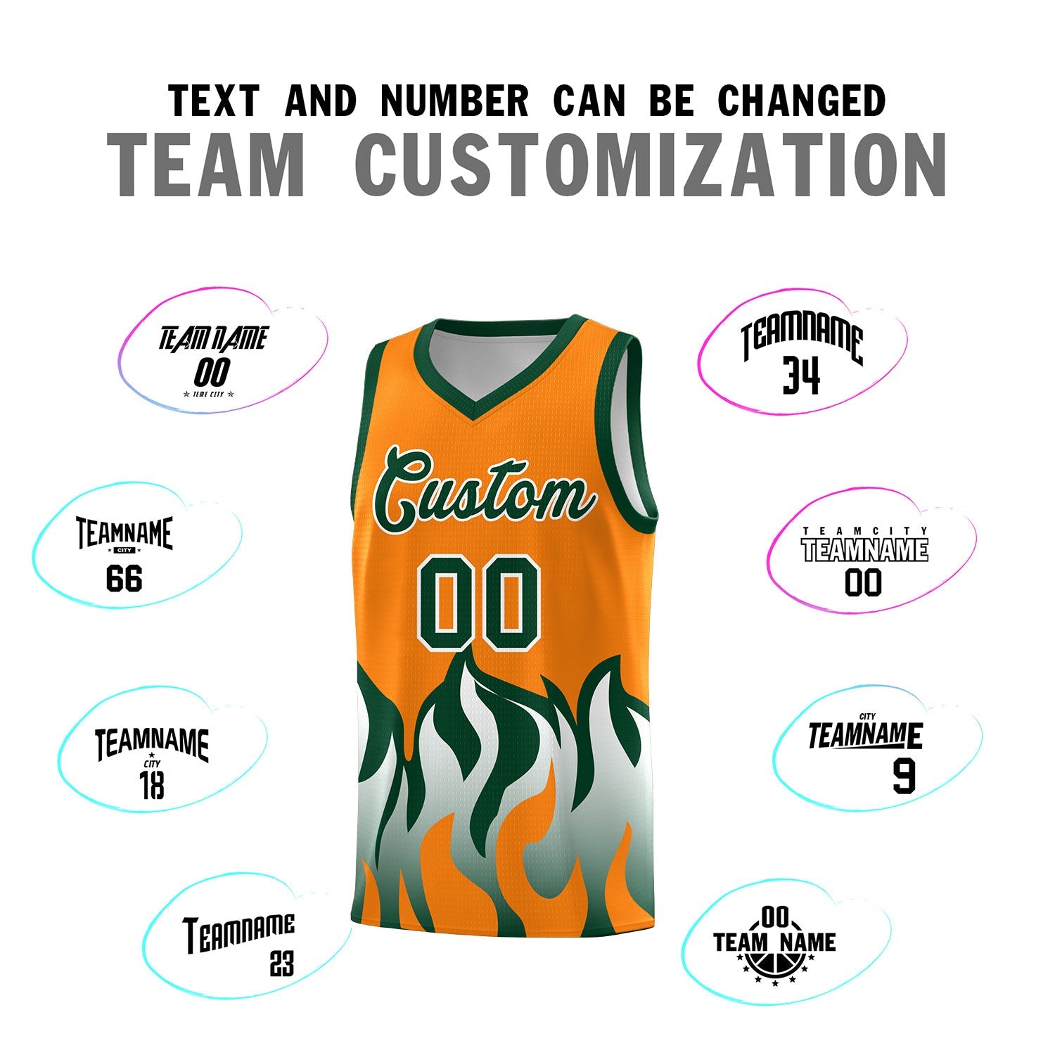 Custom Orange Hunter Green Hem Flame Pattern Fashion Sports Uniform Basketball jersey