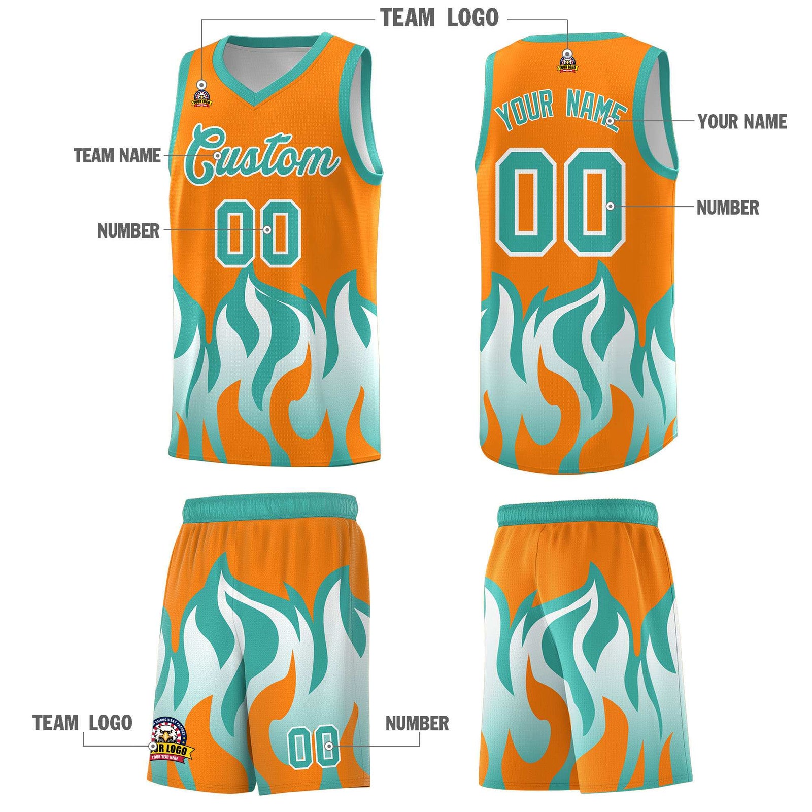 Custom Orange Bright Green Hem Flame Pattern Fashion Sports Uniform Basketball jersey
