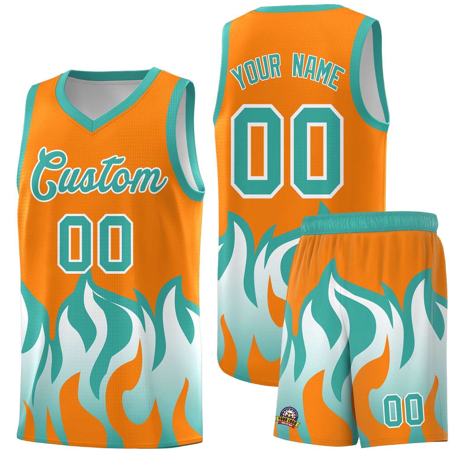 Custom Orange Bright Green Hem Flame Pattern Fashion Sports Uniform Basketball jersey