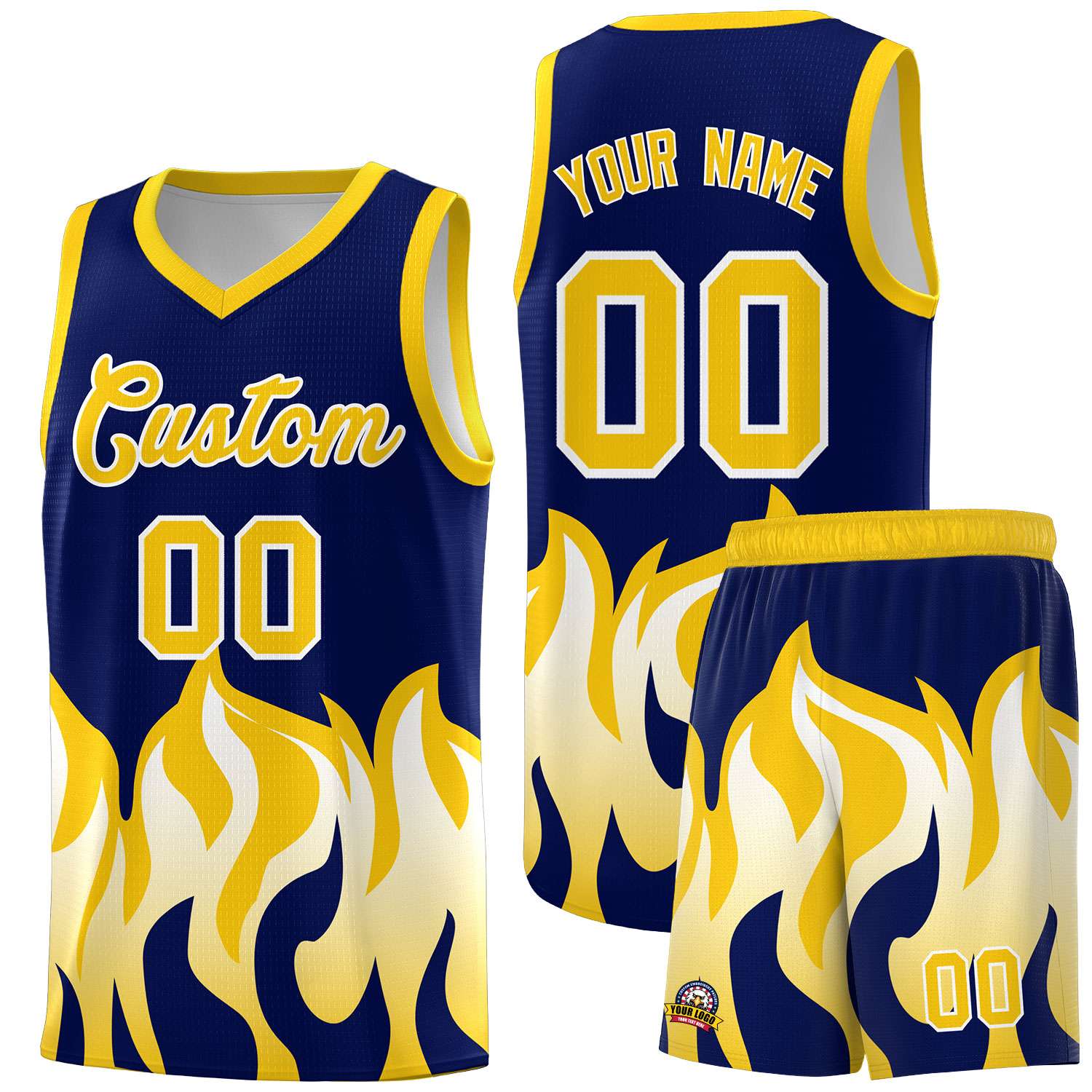 Custom Navy Gold Hem Flame Pattern Fashion Sports Uniform Basketball jersey