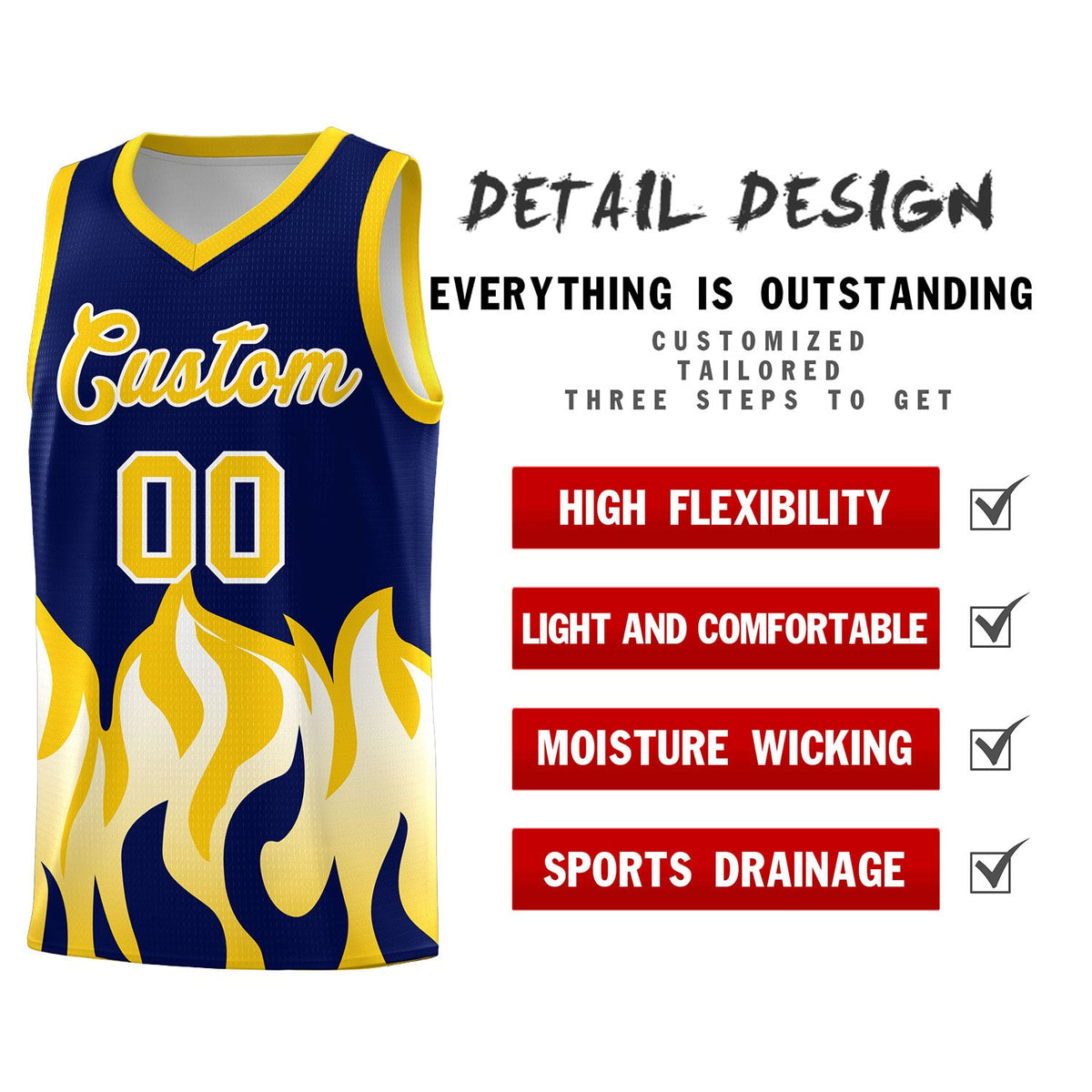 Custom Navy Gold Hem Flame Pattern Fashion Sports Uniform Basketball jersey