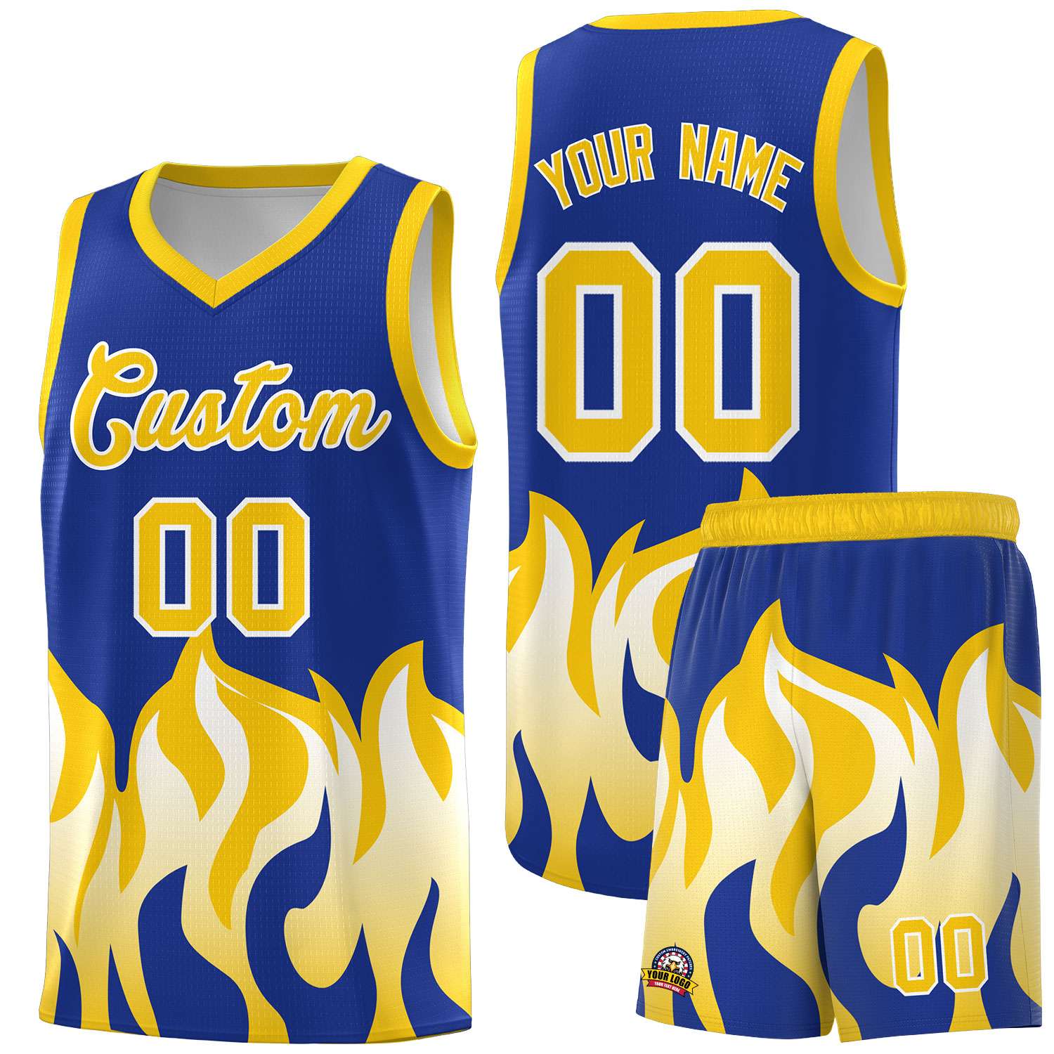 Custom Royal Gold Hem Flame Pattern Fashion Sports Uniform Basketball jersey