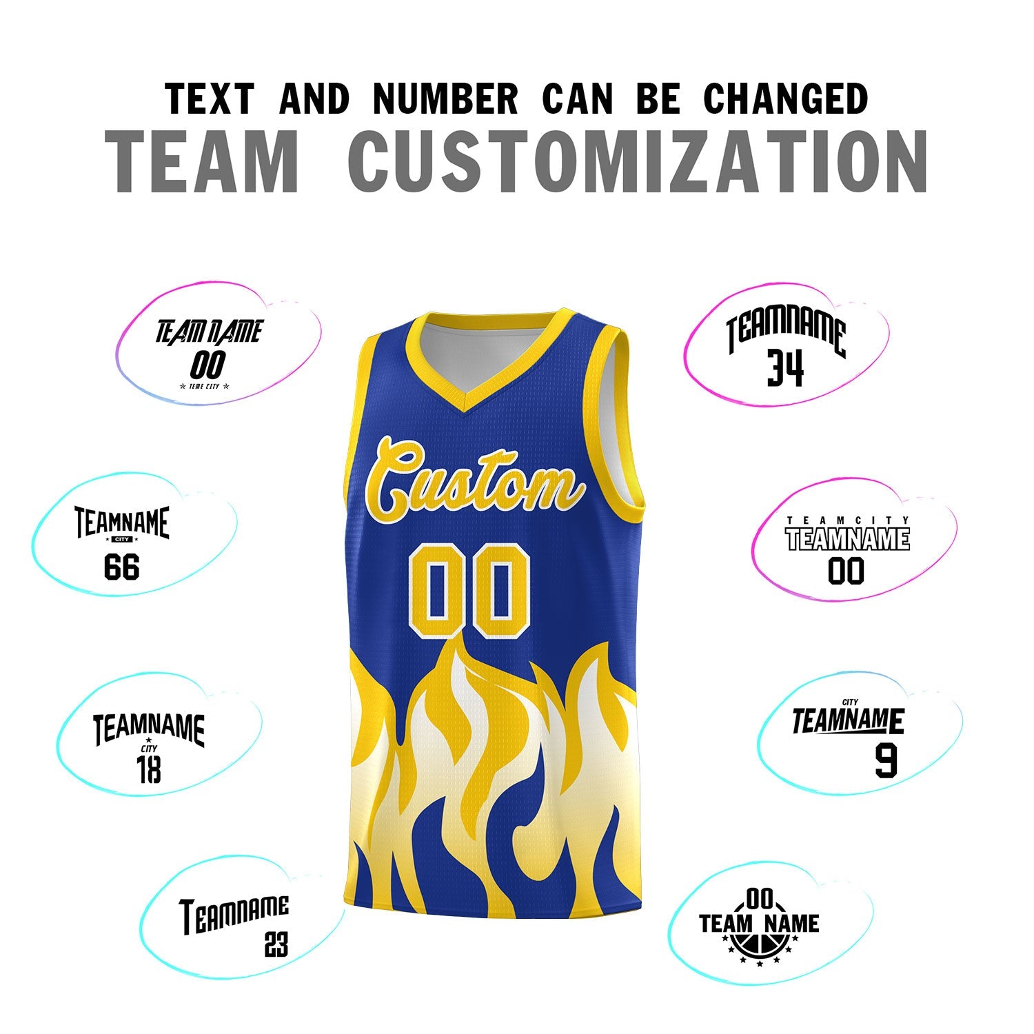 Custom Royal Gold Hem Flame Pattern Fashion Sports Uniform Basketball jersey