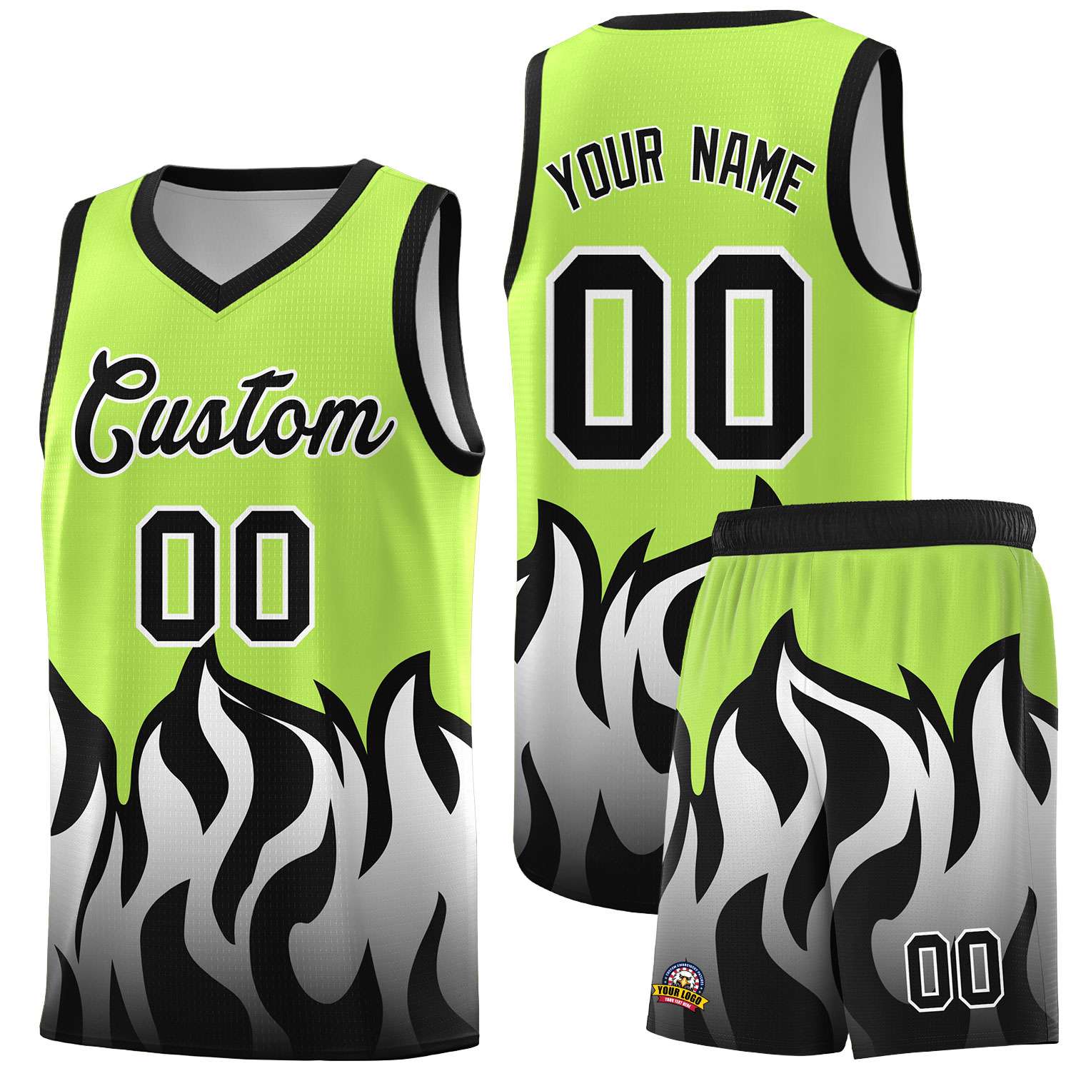 Custom Neon Green Black Hem Flame Pattern Fashion Sports Uniform Basketball jersey