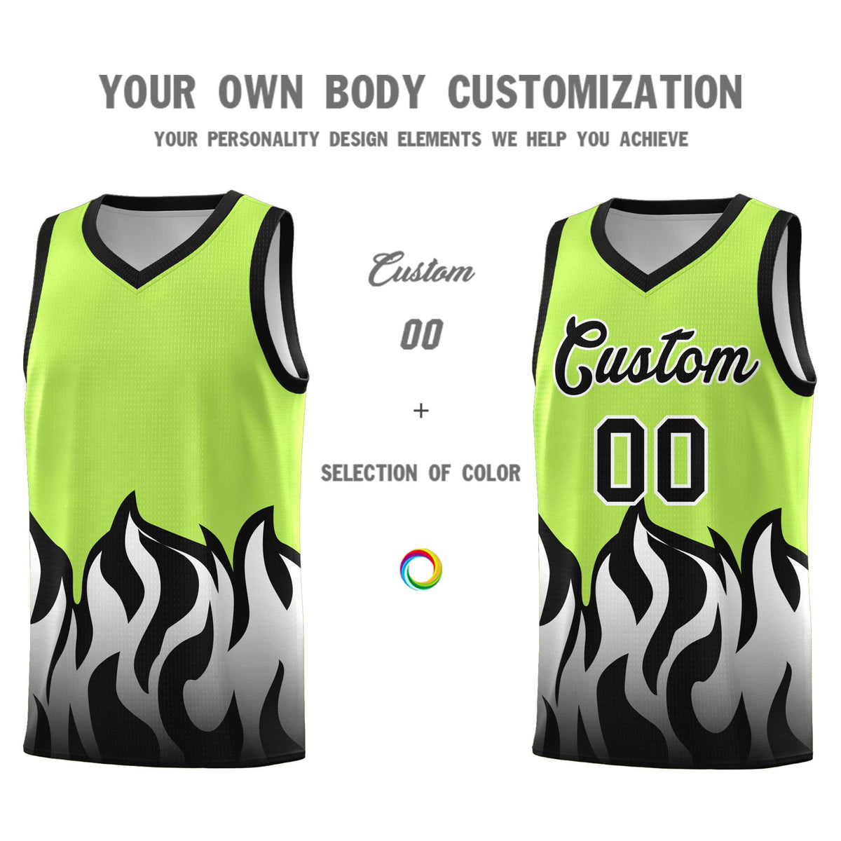 Custom Neon Green Black Hem Flame Pattern Fashion Sports Uniform Basketball jersey