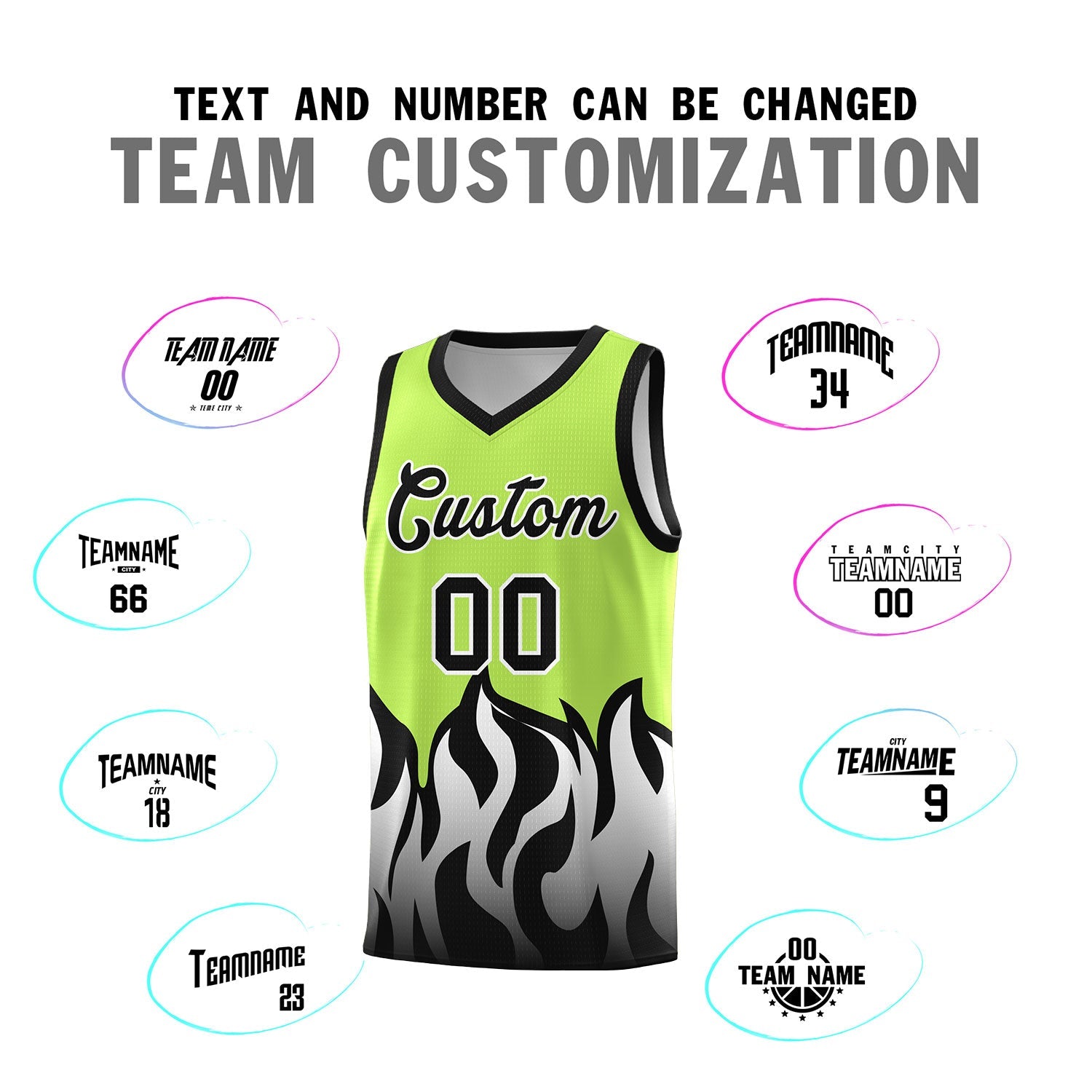 Custom Neon Green Black Hem Flame Pattern Fashion Sports Uniform Basketball jersey
