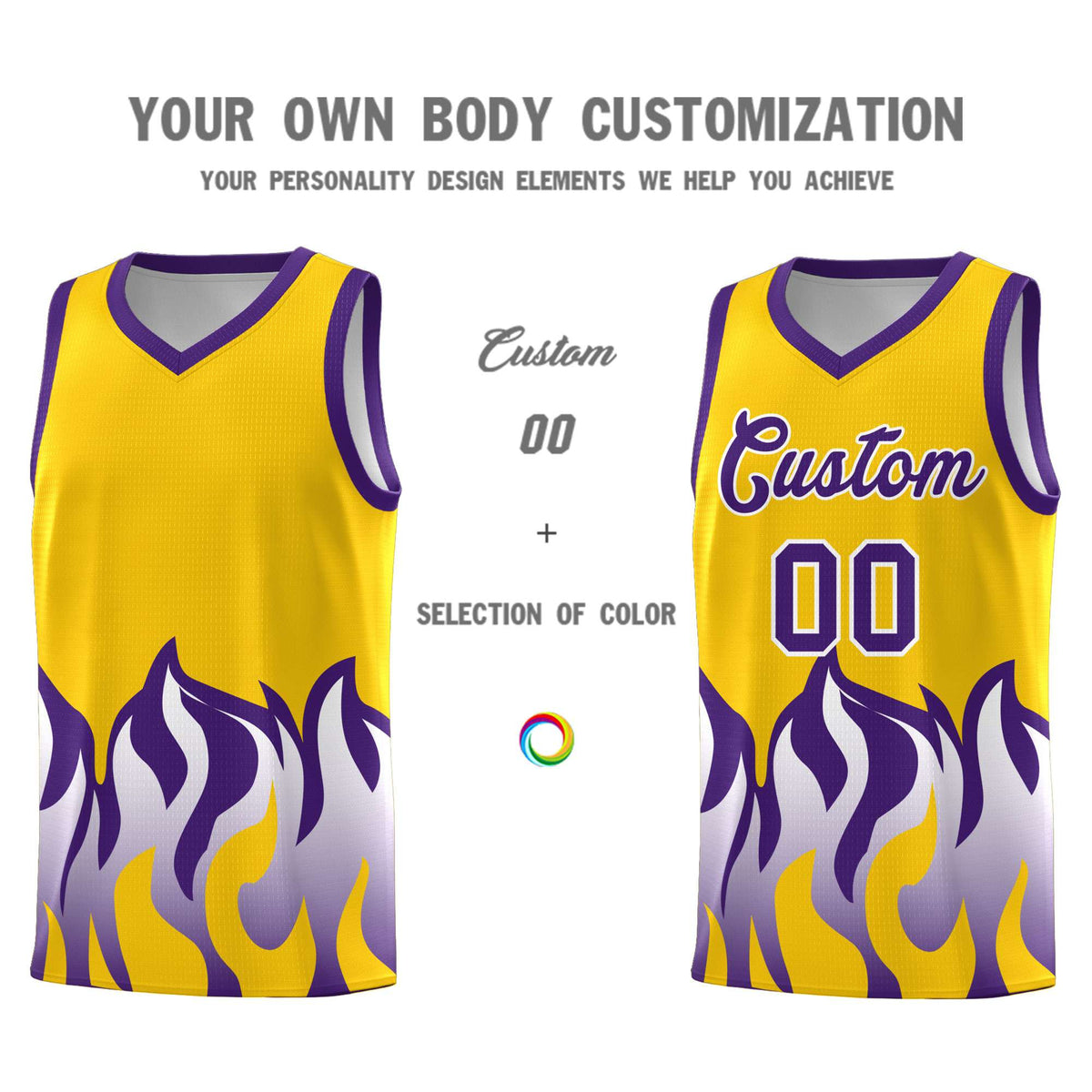 Custom Yellow Purple Hem Flame Pattern Fashion Sports Uniform Basketball jersey