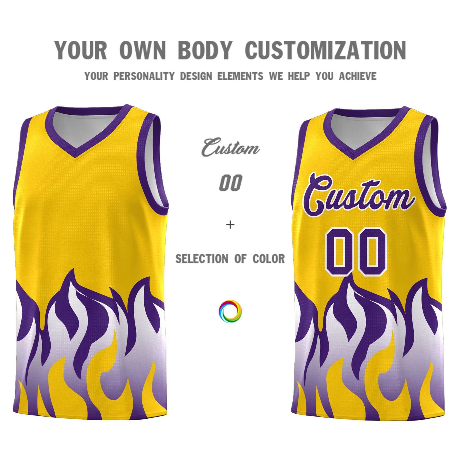 Custom Yellow Purple Hem Flame Pattern Fashion Sports Uniform Basketball jersey