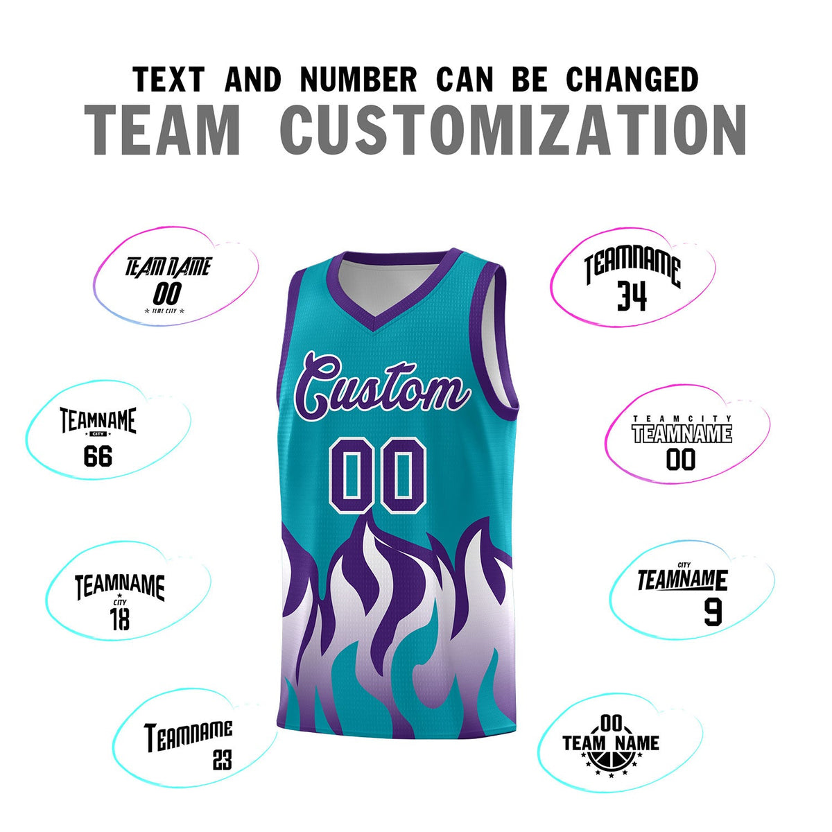 Custom Aqua Purple Hem Flame Pattern Fashion Sports Uniform Basketball jersey