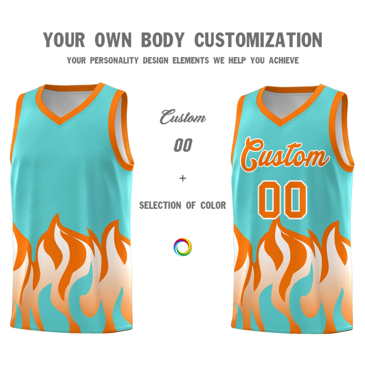 Custom Bright Green Orange Hem Flame Pattern Fashion Sports Uniform Basketball jersey
