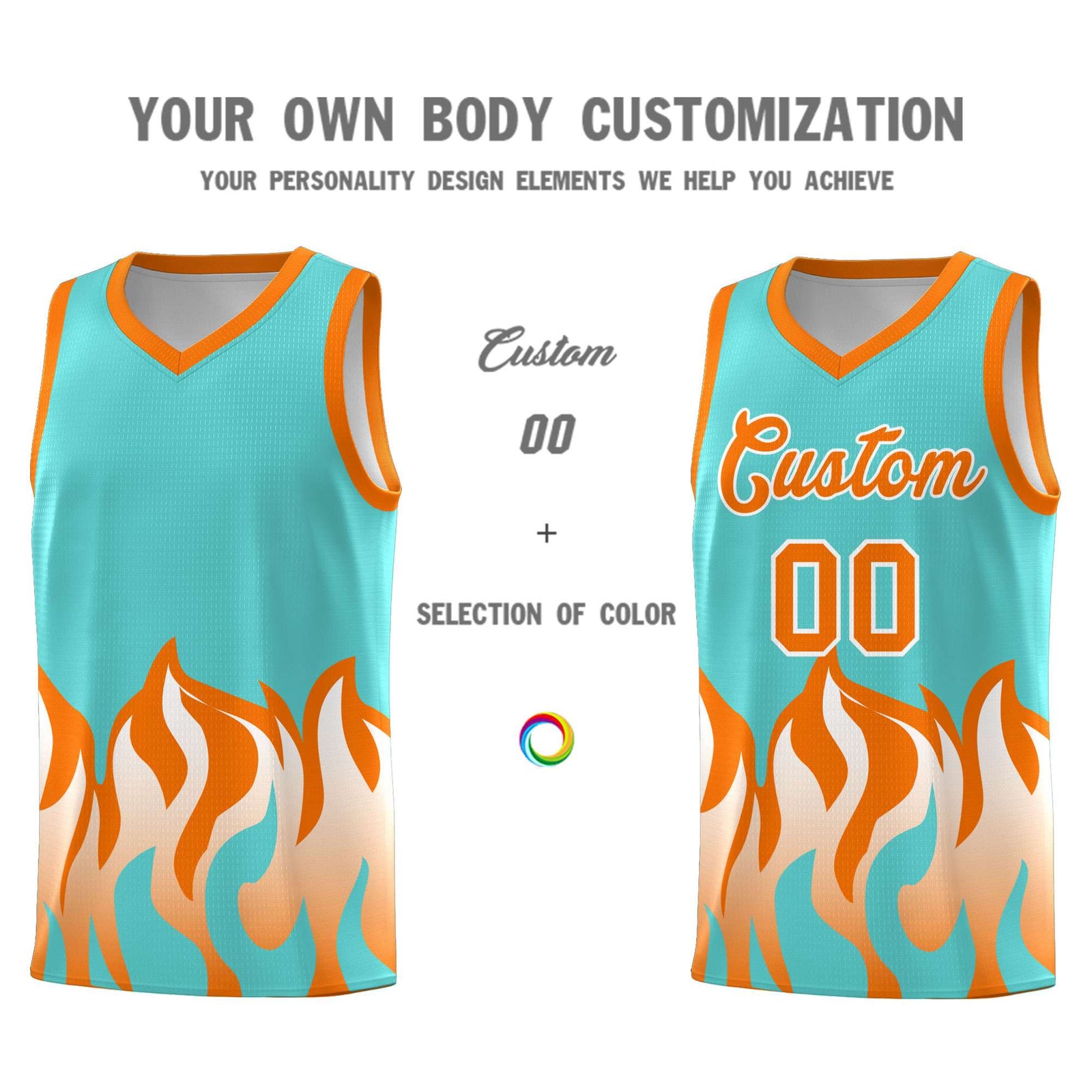 Custom Bright Green Orange Hem Flame Pattern Fashion Sports Uniform Basketball jersey