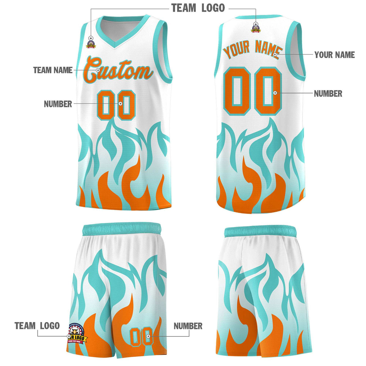 Custom White Orange Hem Flame Pattern Fashion Sports Uniform Basketball jersey