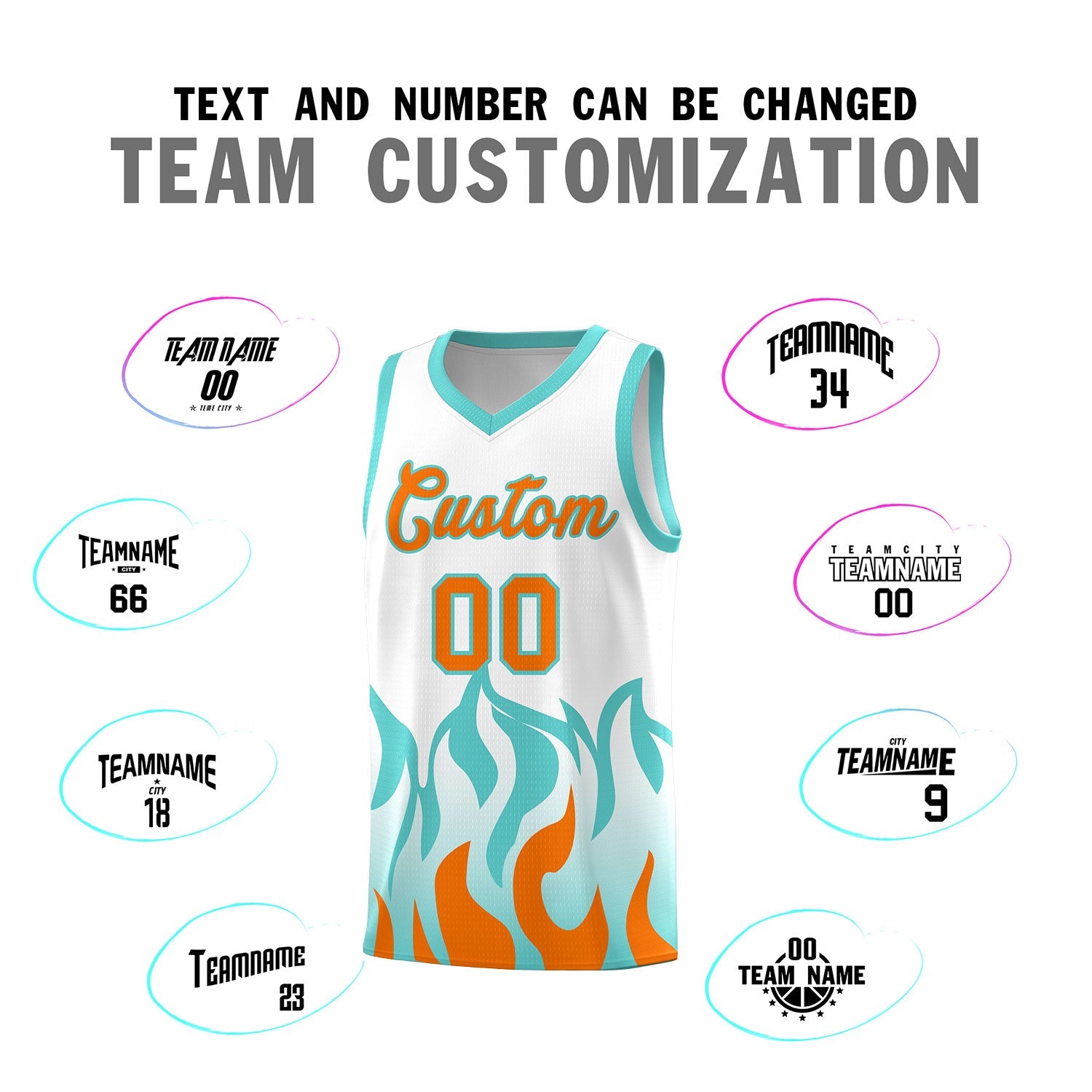 Custom White Orange Hem Flame Pattern Fashion Sports Uniform Basketball jersey