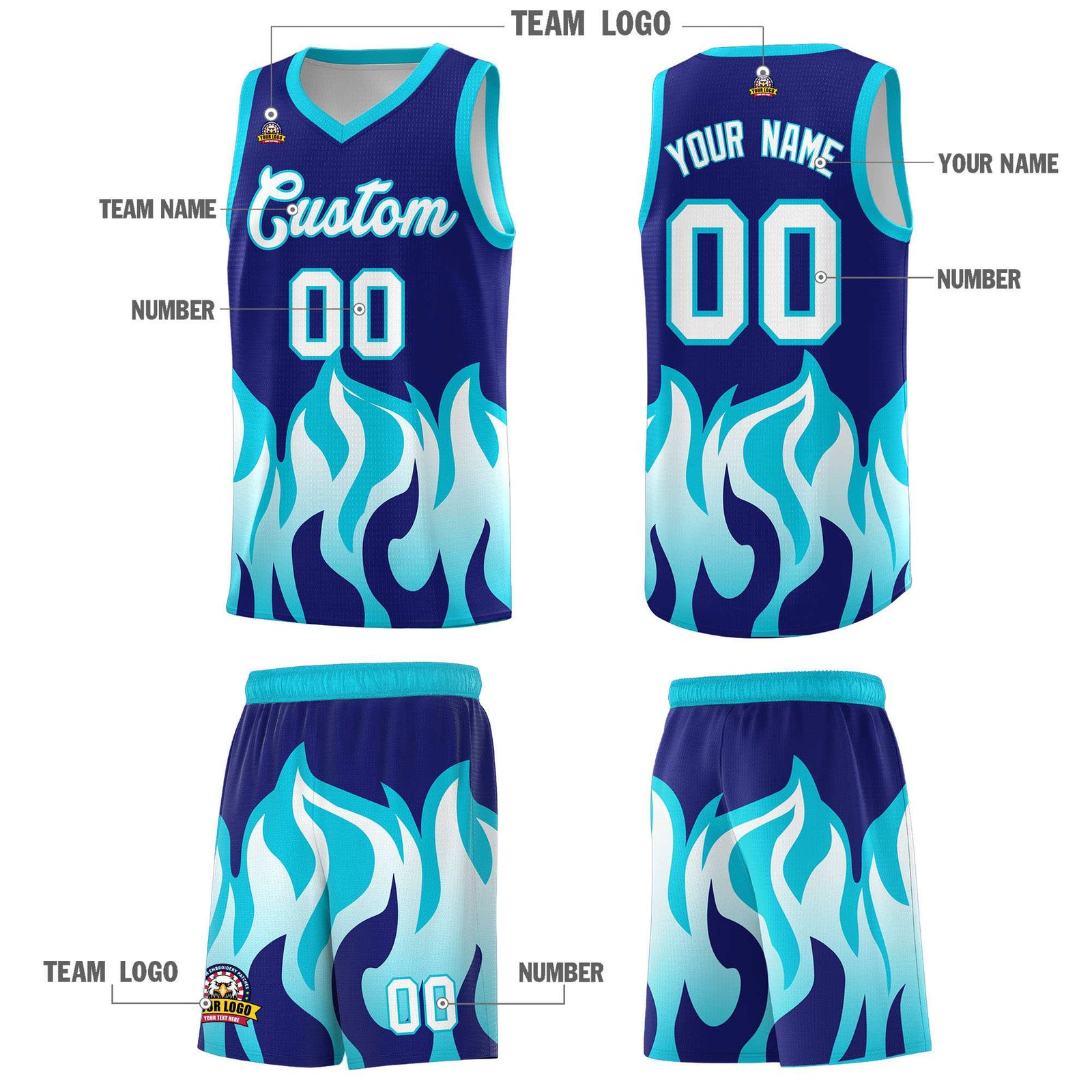 Custom Royal Sky Blue Hem Flame Pattern Fashion Sports Uniform Basketball jersey
