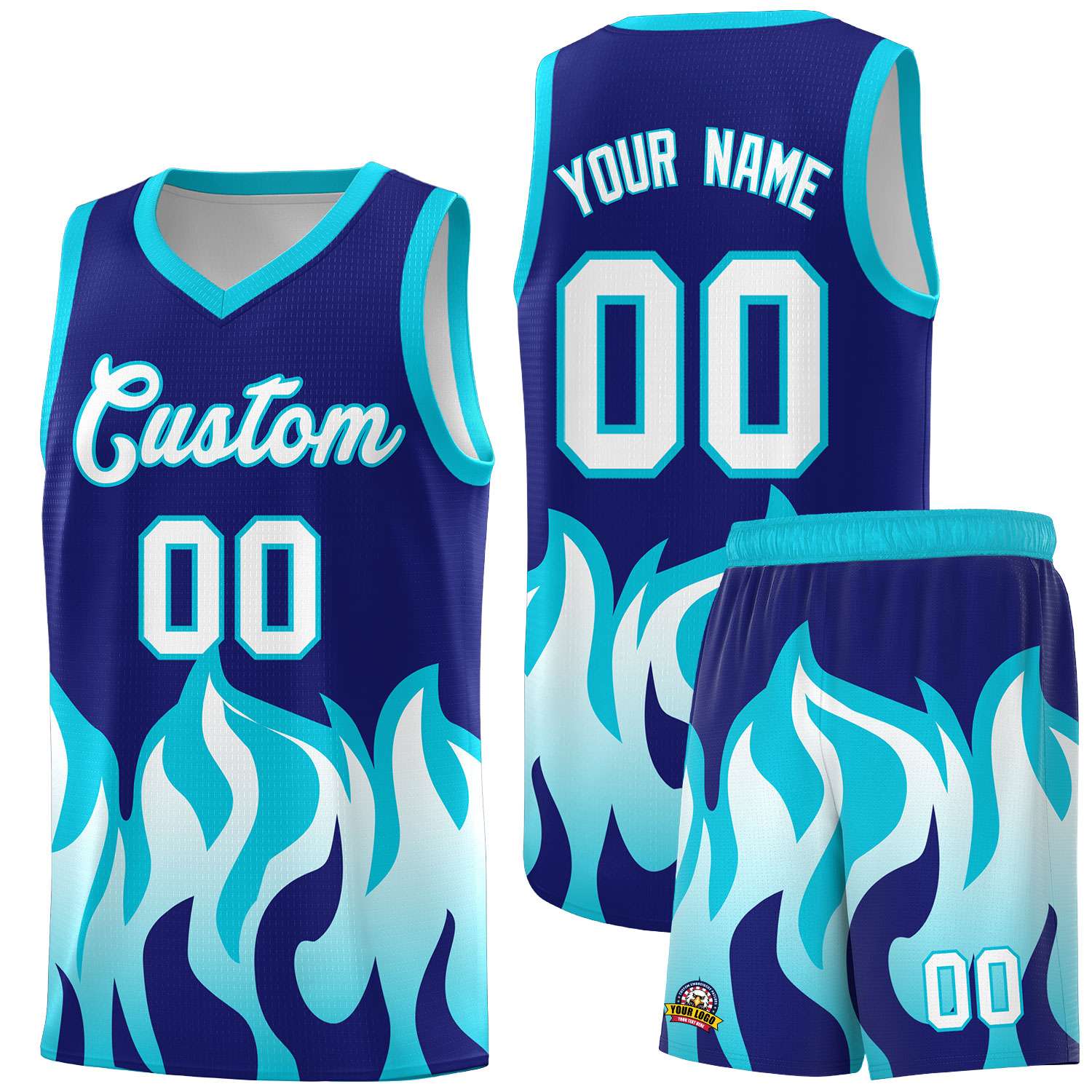 Custom Royal Sky Blue Hem Flame Pattern Fashion Sports Uniform Basketball jersey