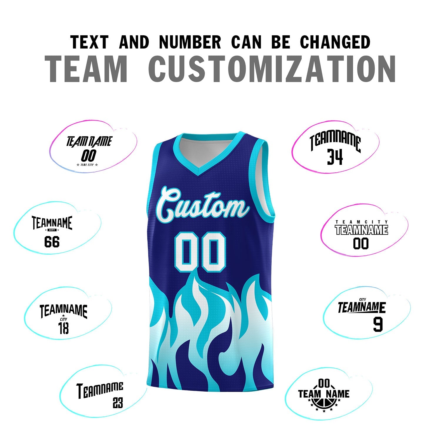 Custom Royal Sky Blue Hem Flame Pattern Fashion Sports Uniform Basketball jersey