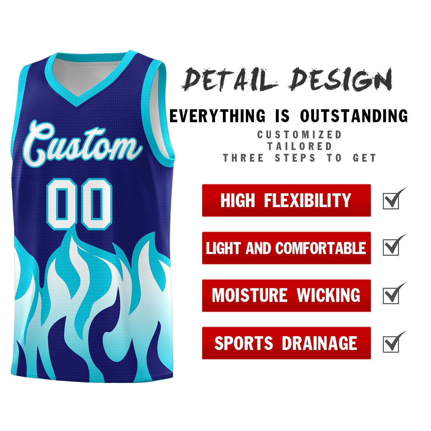 Custom Royal Sky Blue Hem Flame Pattern Fashion Sports Uniform Basketball jersey