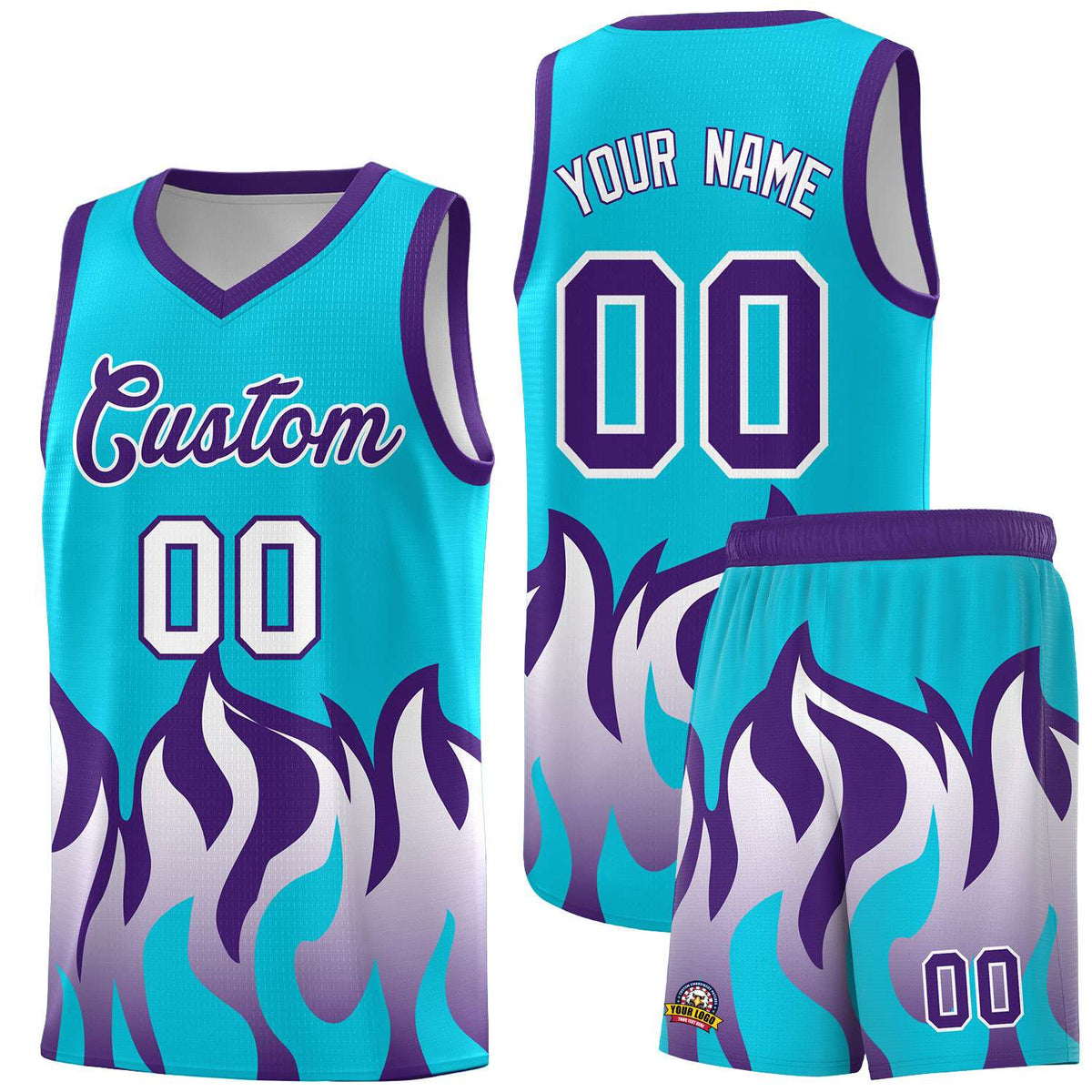 Custom Sky Blue Purple Hem Flame Pattern Fashion Sports Uniform Basketball jersey