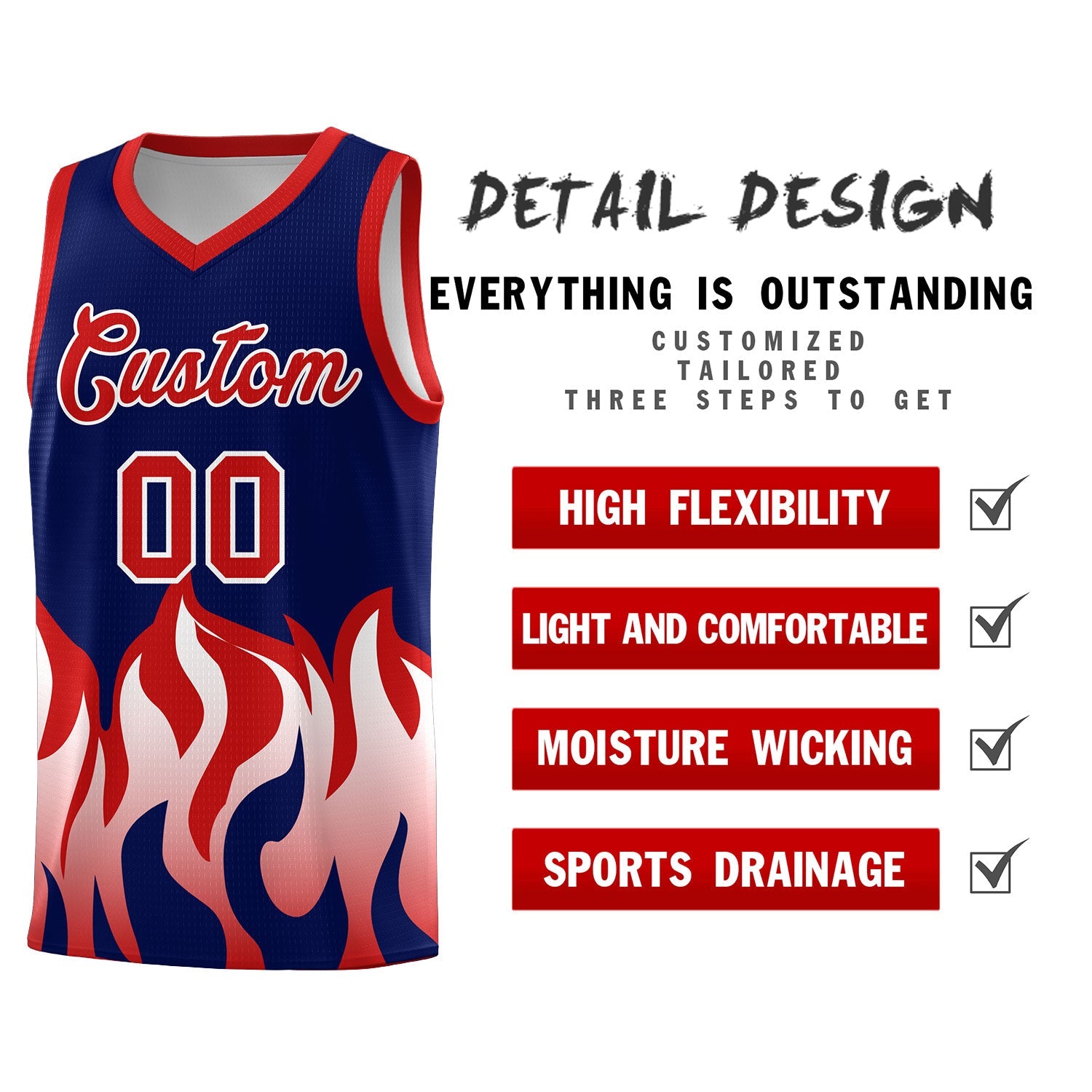 Custom Navy Red Hem Flame Pattern Fashion Sports Uniform Basketball jersey