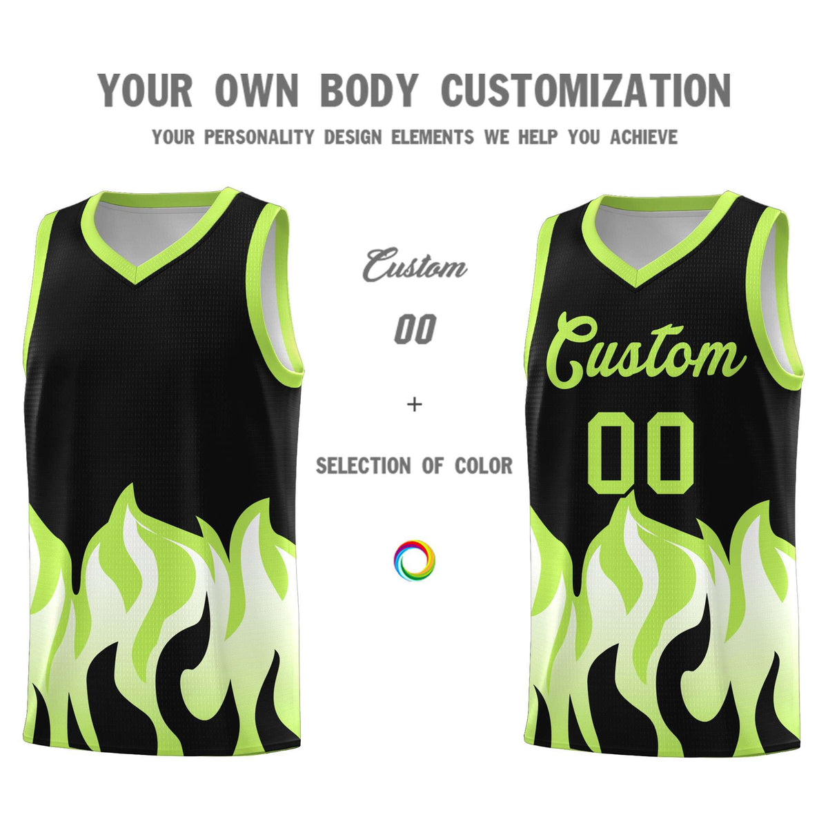 Custom Black Fluorescent Green Hem Flame Pattern Fashion Sports Uniform Basketball jersey