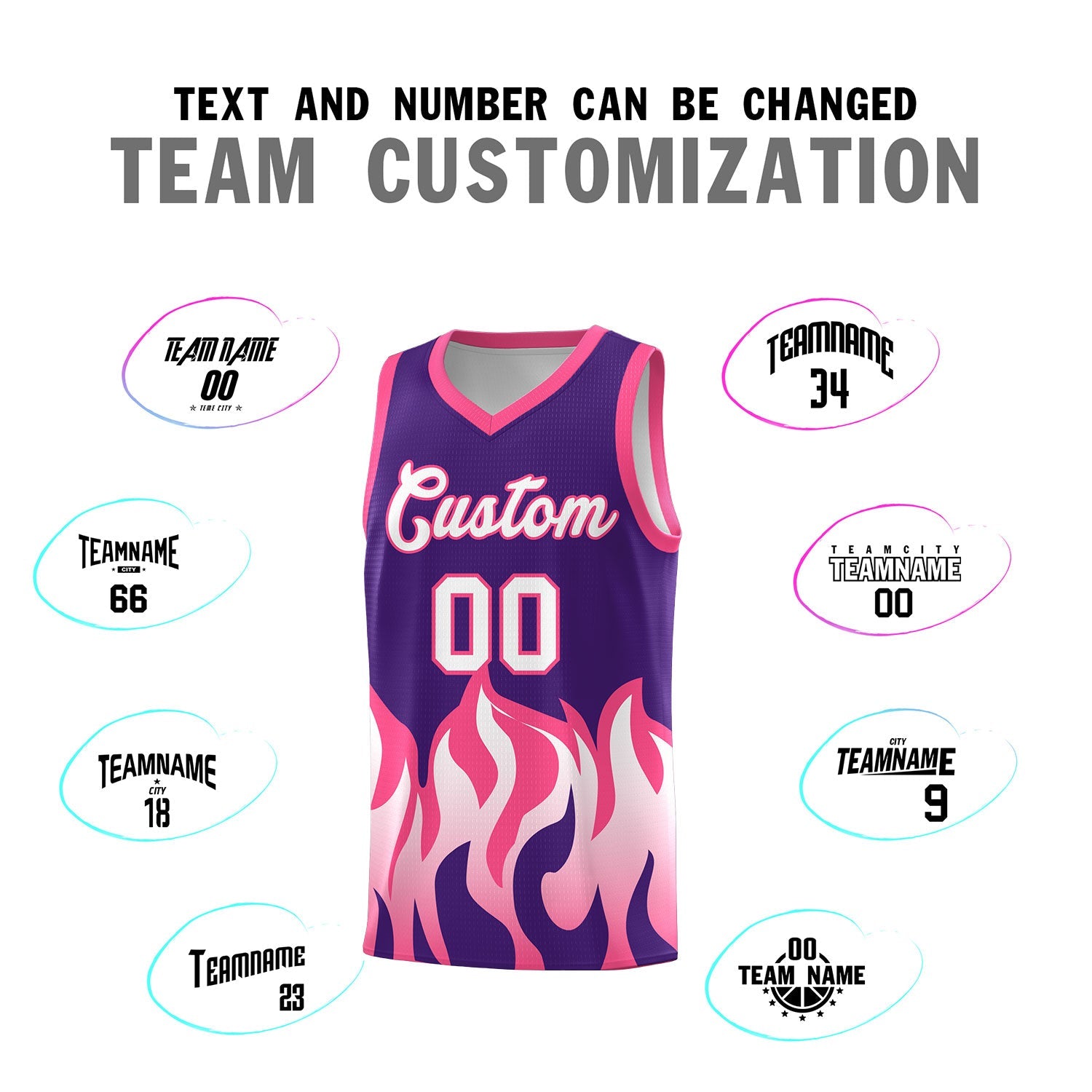 Custom Purple Pink Hem Flame Pattern Fashion Sports Uniform Basketball jersey