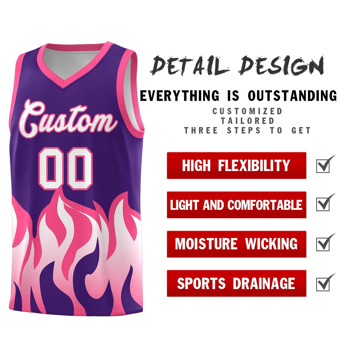 Custom Purple Pink Hem Flame Pattern Fashion Sports Uniform Basketball jersey