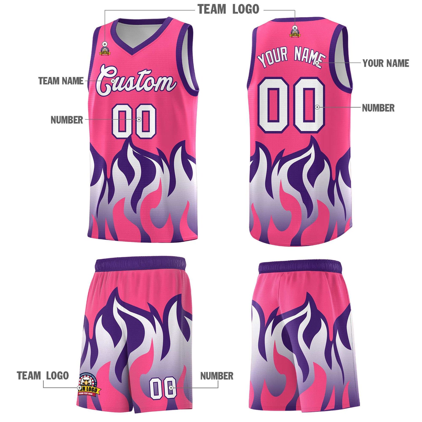 Custom Pink Purple Hem Flame Pattern Fashion Sports Uniform Basketball jersey