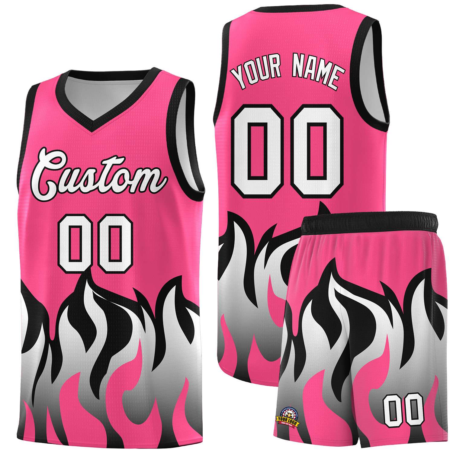 Custom Pink Black Hem Flame Pattern Fashion Sports Uniform Basketball jersey