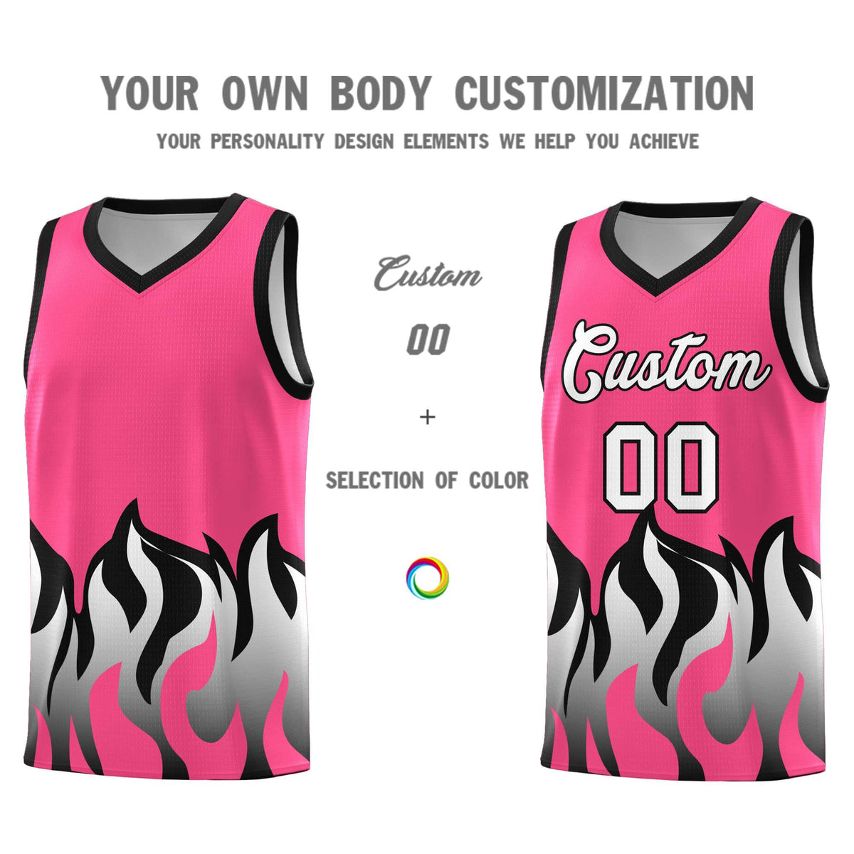 Custom Pink Black Hem Flame Pattern Fashion Sports Uniform Basketball jersey