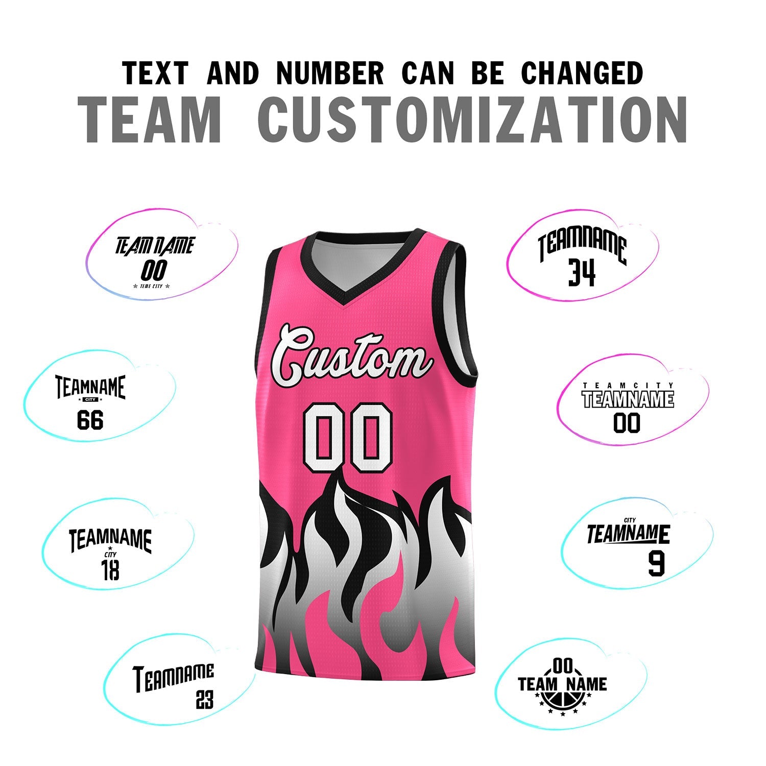 Custom Pink Black Hem Flame Pattern Fashion Sports Uniform Basketball jersey