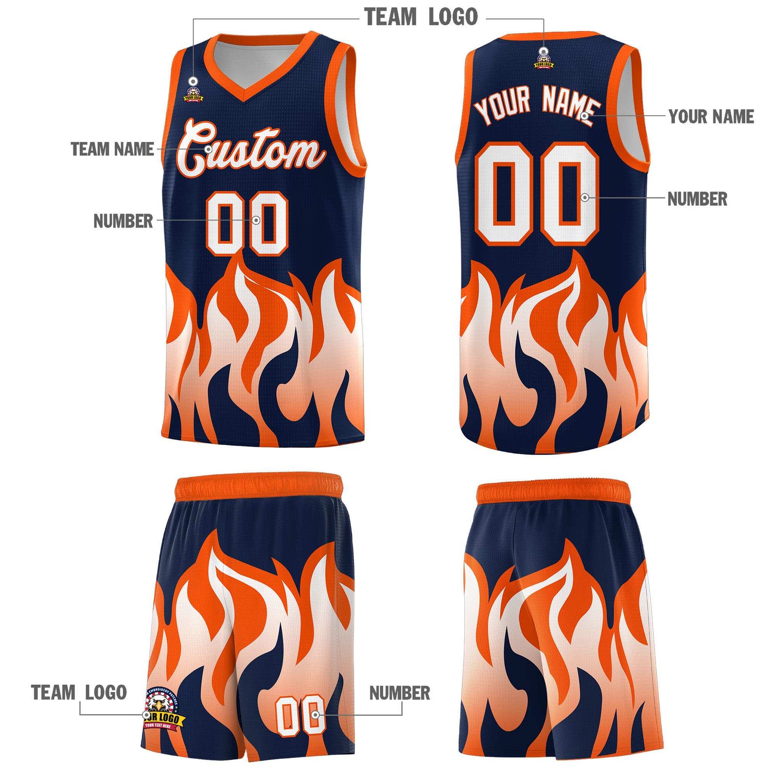 Custom Navy Orange Hem Flame Pattern Fashion Sports Uniform Basketball jersey
