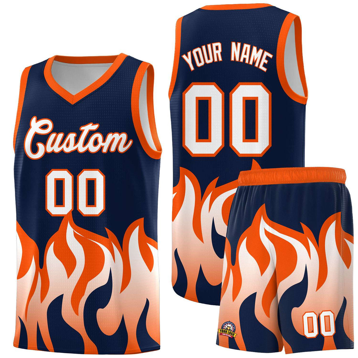 Custom Navy Orange Hem Flame Pattern Fashion Sports Uniform Basketball jersey