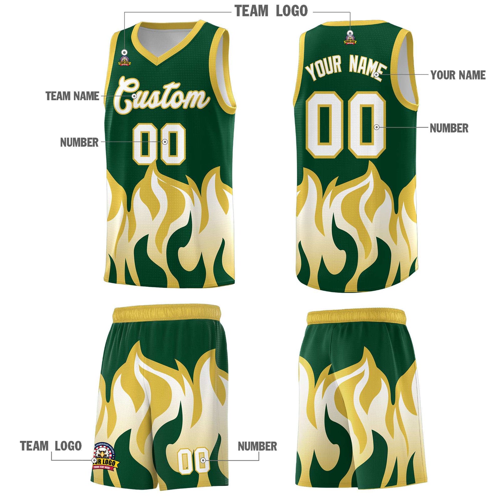 Custom Kelly Green Old Gold Hem Flame Pattern Fashion Sports Uniform Basketball jersey