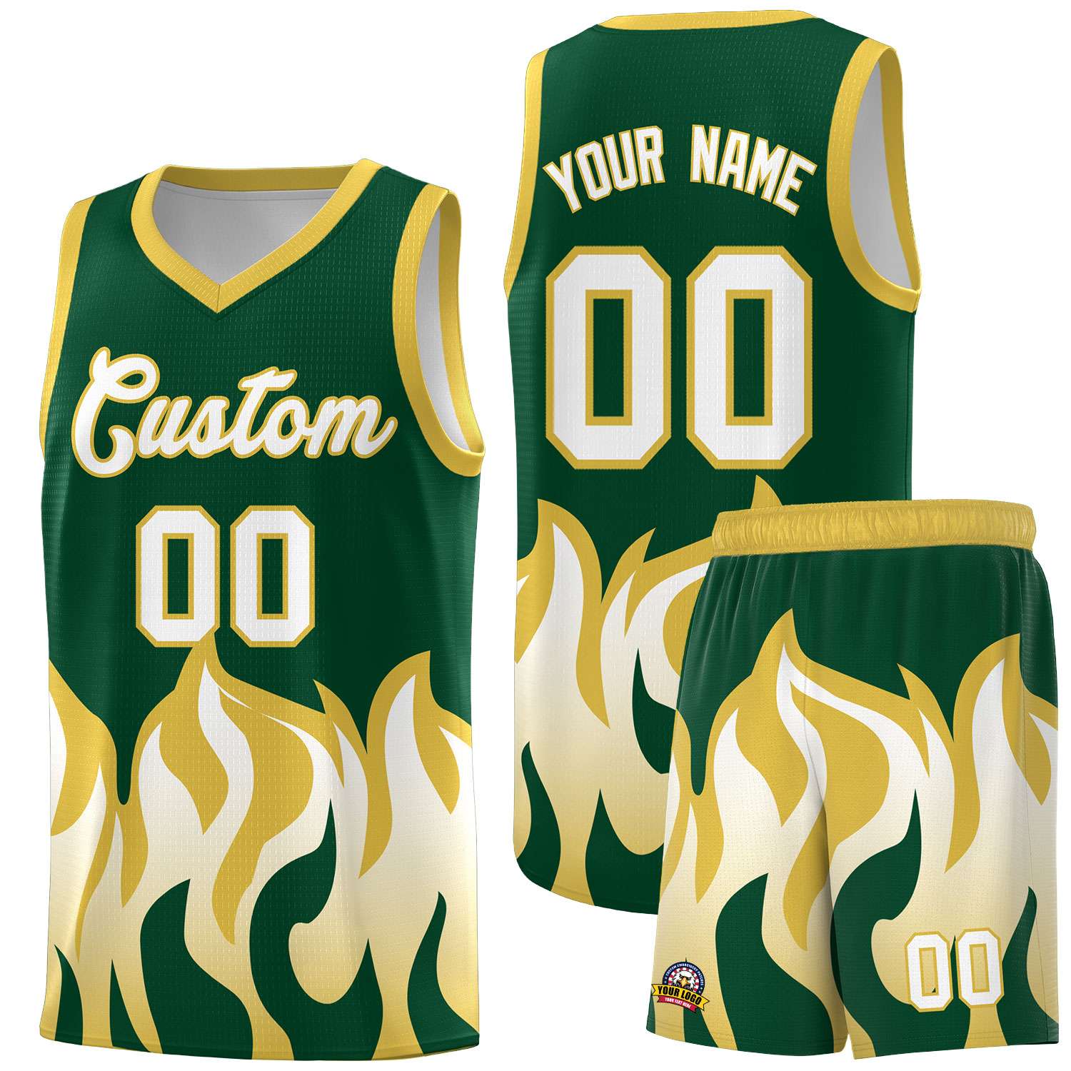 Custom Kelly Green Old Gold Hem Flame Pattern Fashion Sports Uniform Basketball jersey
