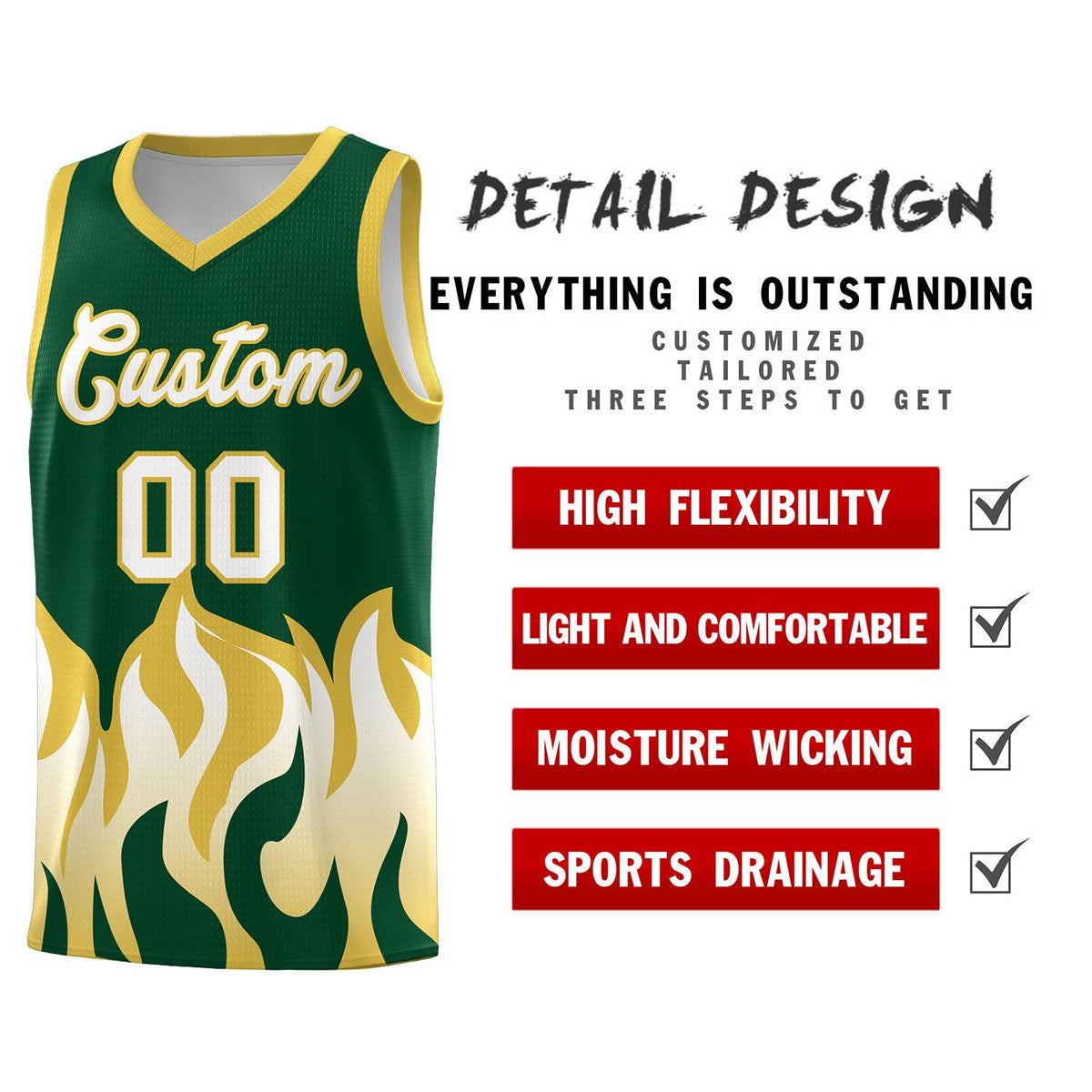 Custom Kelly Green Old Gold Hem Flame Pattern Fashion Sports Uniform Basketball jersey