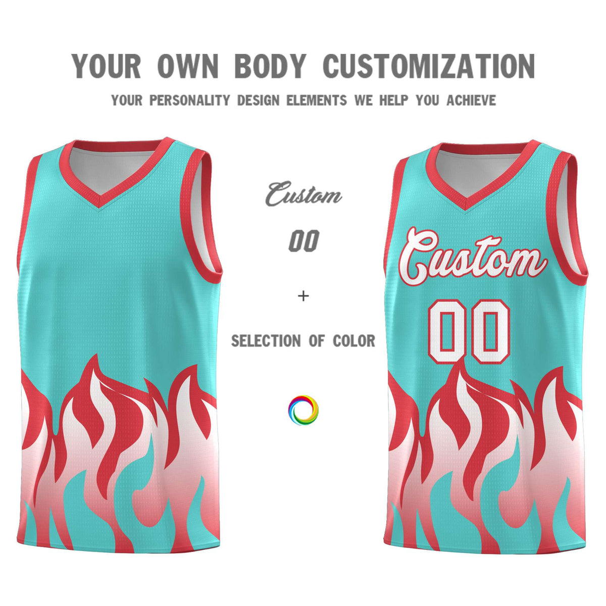 Custom Bright Green Light Red Hem Flame Pattern Fashion Sports Uniform Basketball jersey