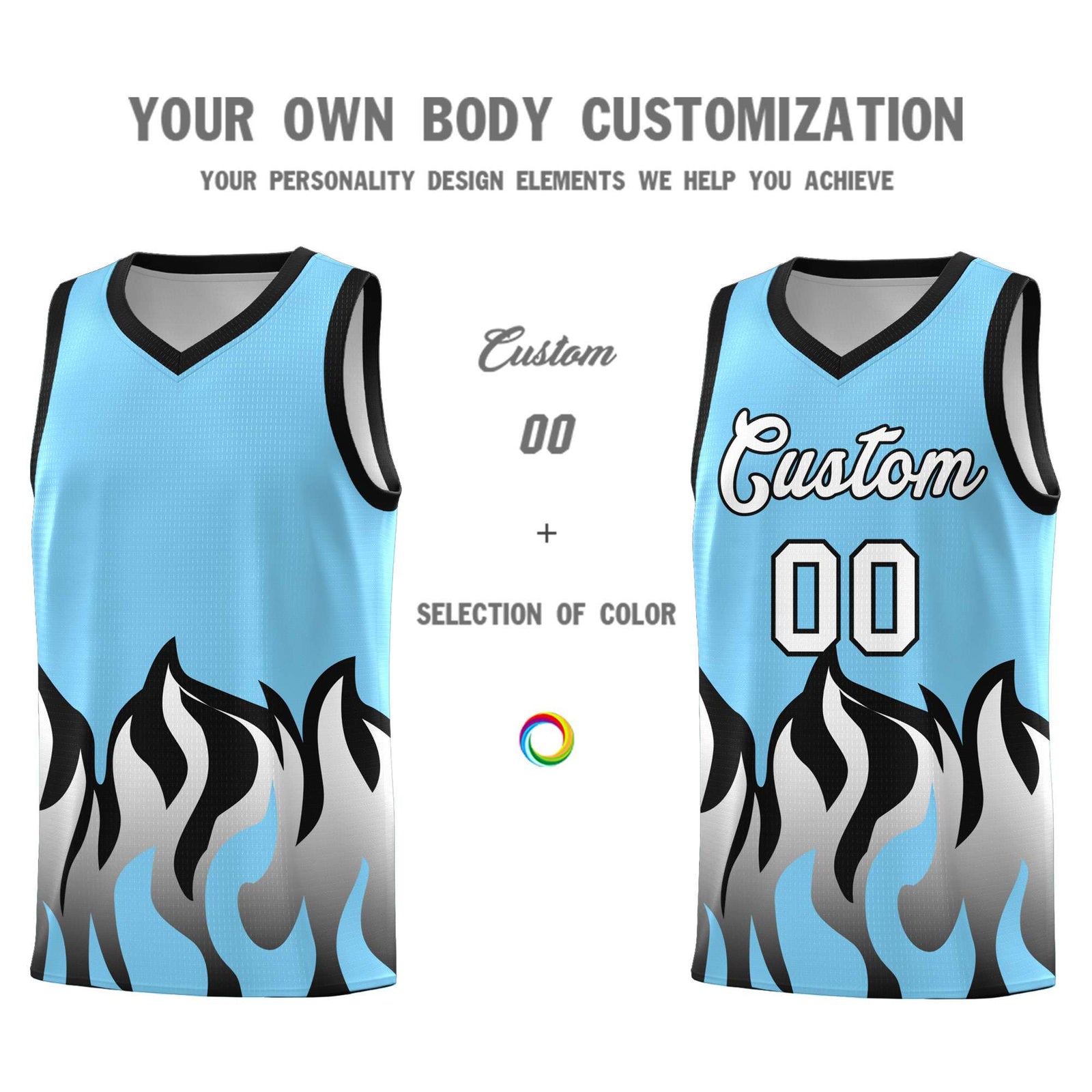 Custom Light Blue Black Hem Flame Pattern Fashion Sports Uniform Basketball jersey