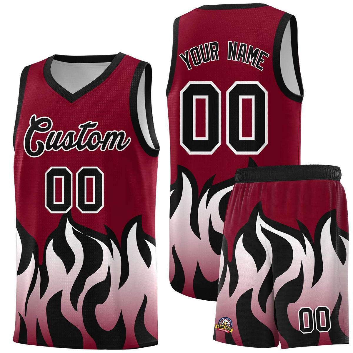 Custom Crimson Black Hem Flame Pattern Fashion Sports Uniform Basketball jersey