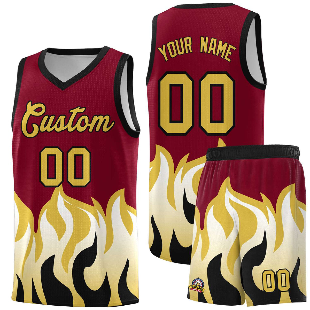 Custom Crimson Old Gold Hem Flame Pattern Fashion Sports Uniform Basketball jersey